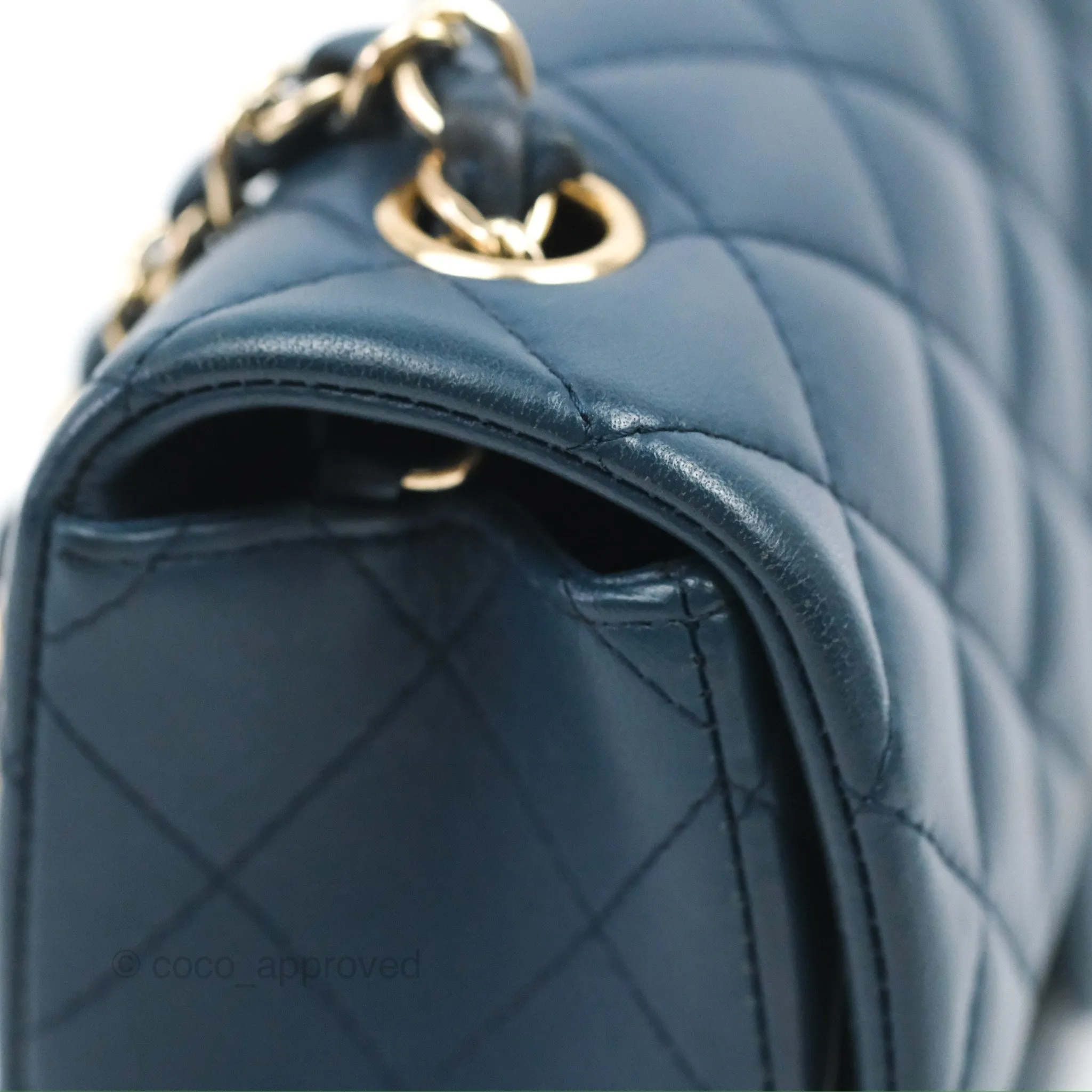 Chanel Quilted Mini Rectangular Flap Dark Teal Blue Lambskin Gold Hardware