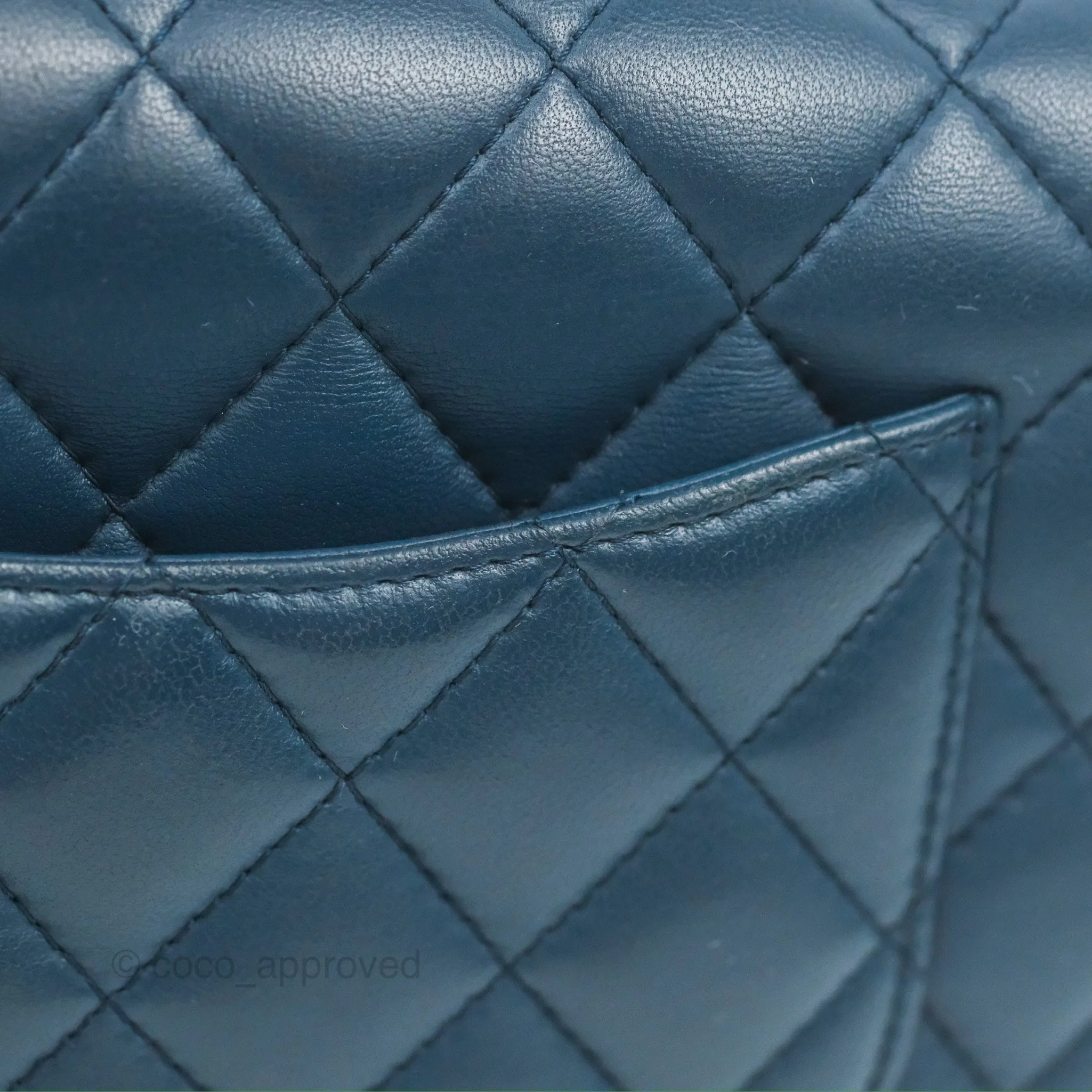 Chanel Quilted Mini Rectangular Flap Dark Teal Blue Lambskin Gold Hardware