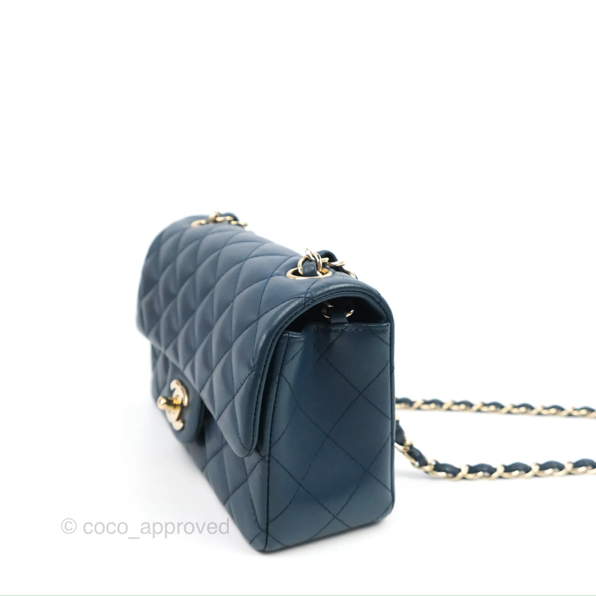 Chanel Quilted Mini Rectangular Flap Dark Teal Blue Lambskin Gold Hardware