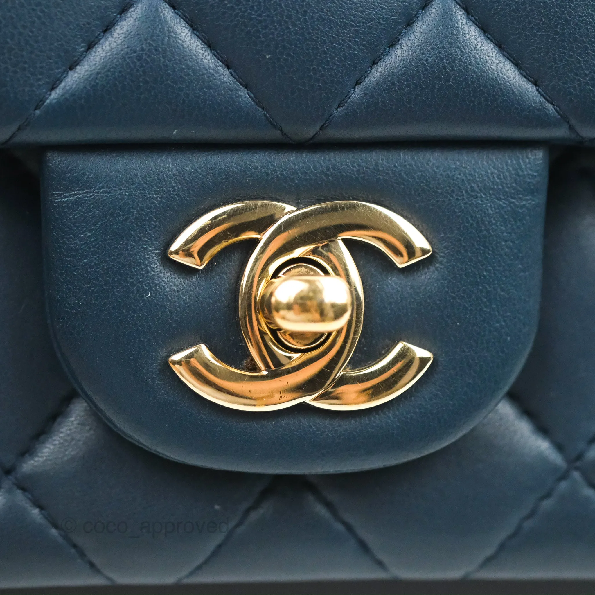 Chanel Quilted Mini Rectangular Flap Dark Teal Blue Lambskin Gold Hardware