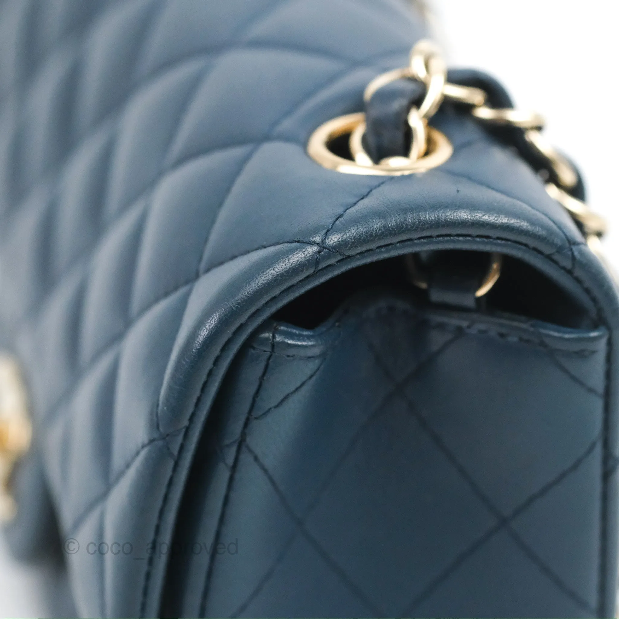 Chanel Quilted Mini Rectangular Flap Dark Teal Blue Lambskin Gold Hardware