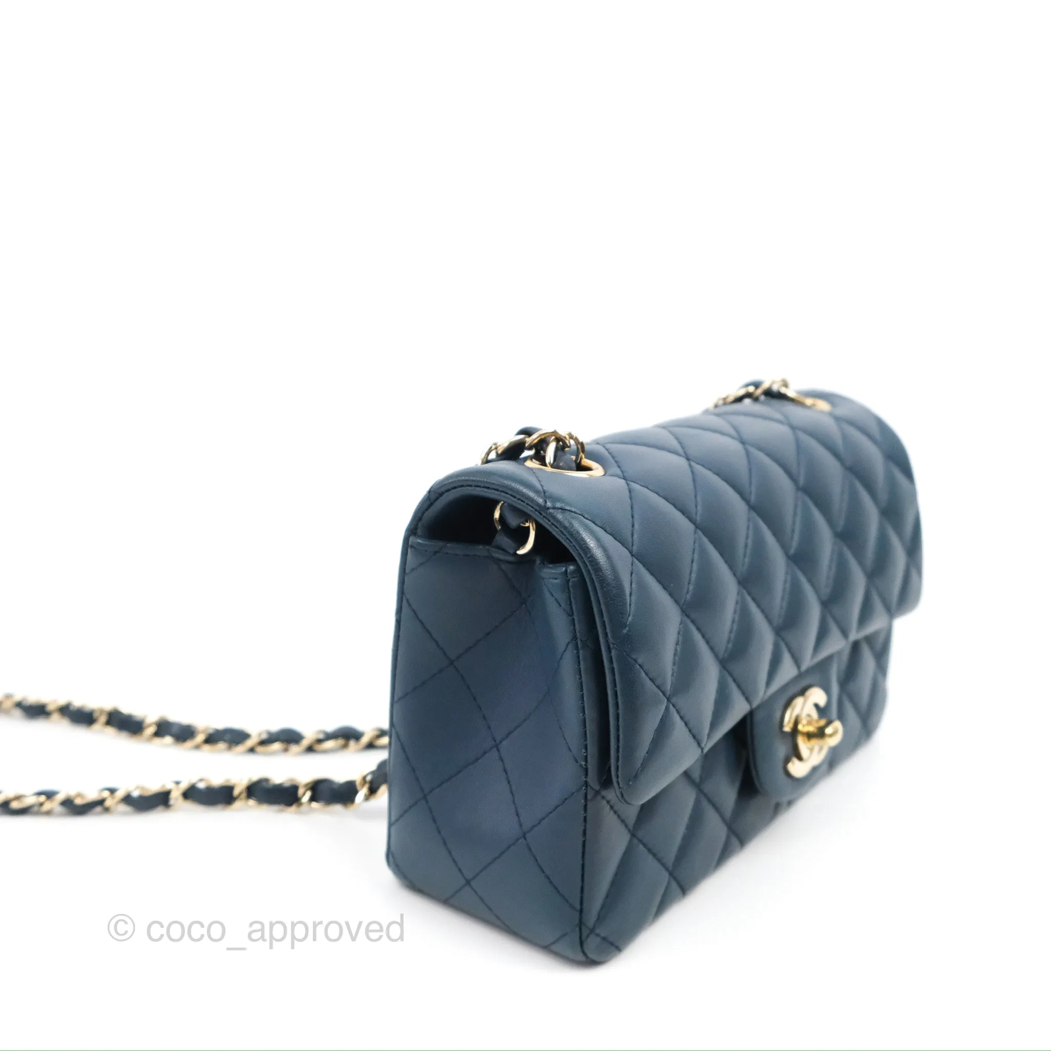 Chanel Quilted Mini Rectangular Flap Dark Teal Blue Lambskin Gold Hardware