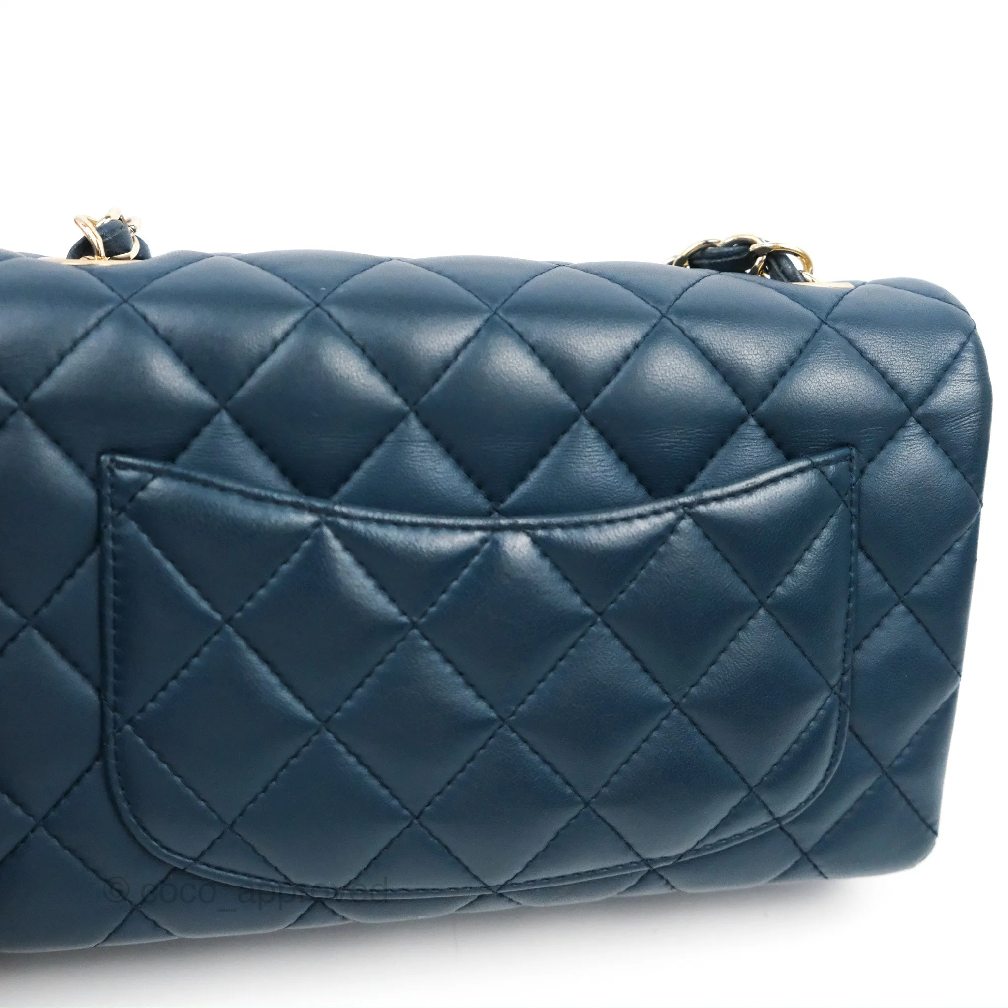 Chanel Quilted Mini Rectangular Flap Dark Teal Blue Lambskin Gold Hardware