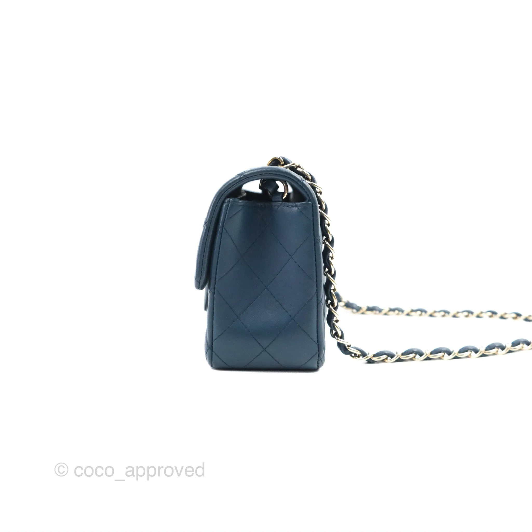 Chanel Quilted Mini Rectangular Flap Dark Teal Blue Lambskin Gold Hardware