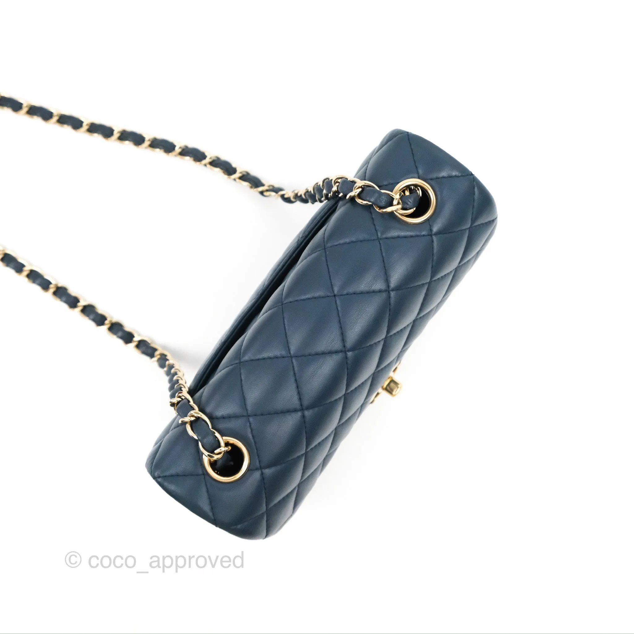 Chanel Quilted Mini Rectangular Flap Dark Teal Blue Lambskin Gold Hardware