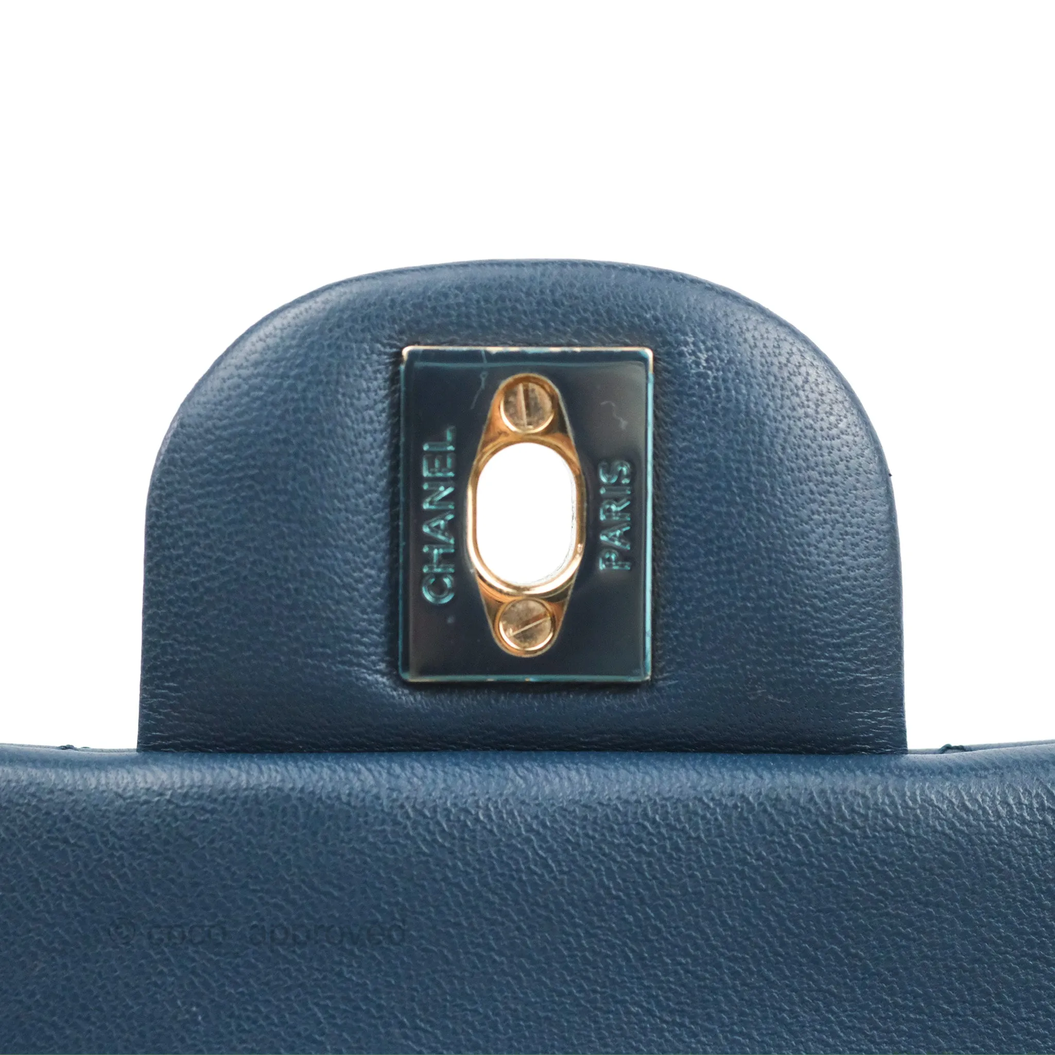 Chanel Quilted Mini Rectangular Flap Dark Teal Blue Lambskin Gold Hardware
