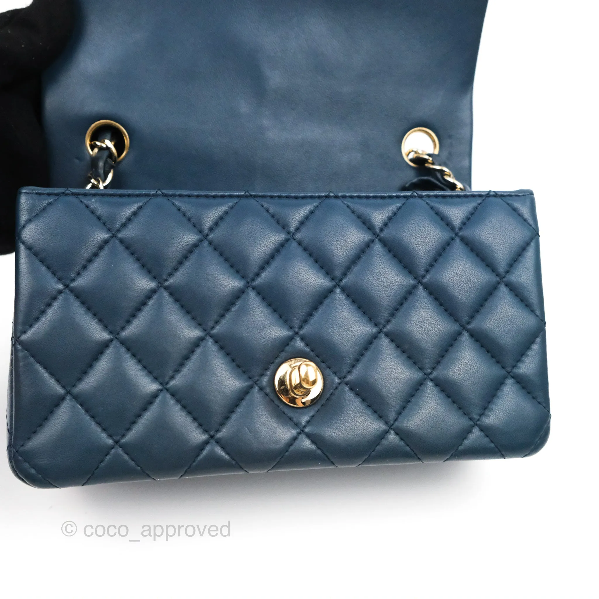Chanel Quilted Mini Rectangular Flap Dark Teal Blue Lambskin Gold Hardware
