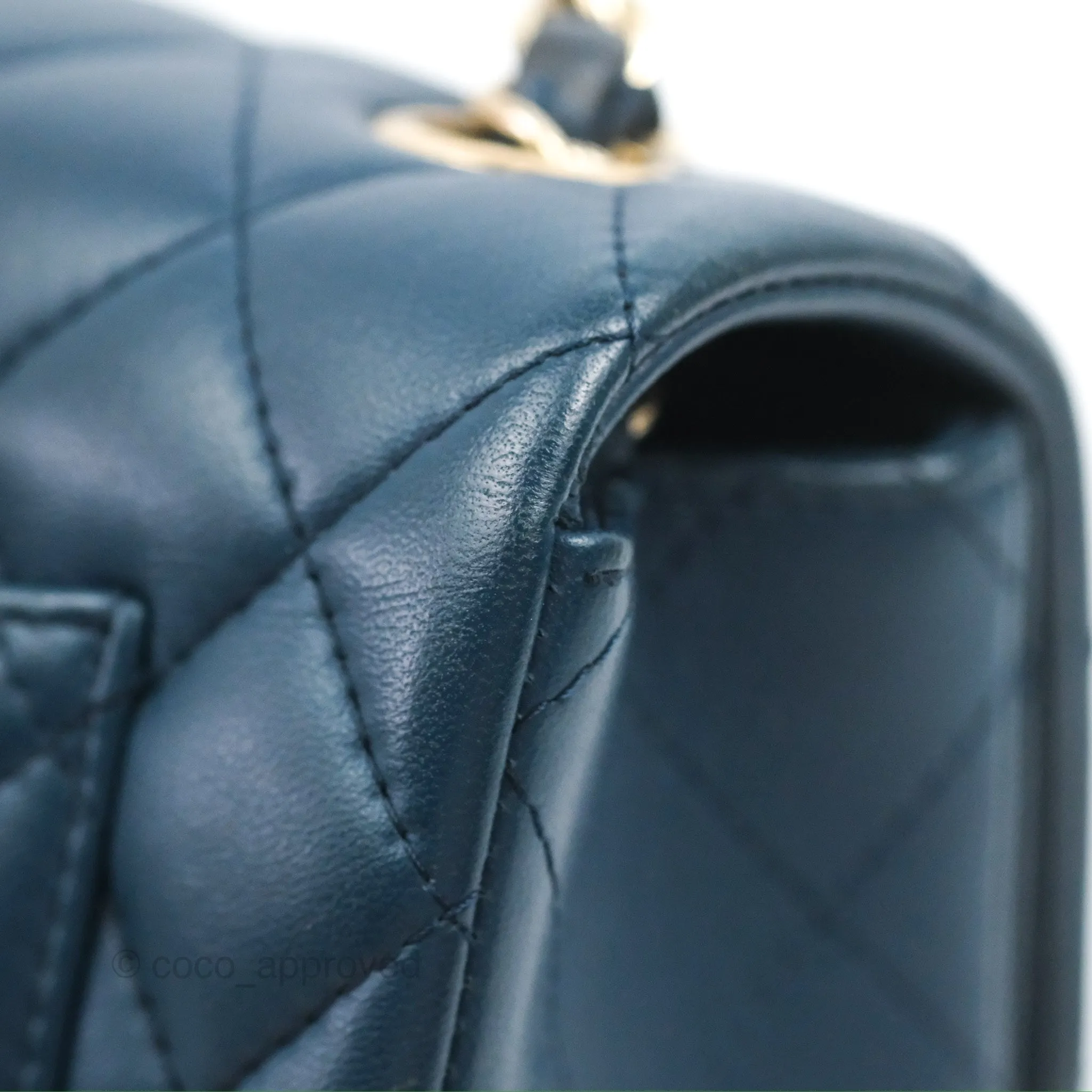 Chanel Quilted Mini Rectangular Flap Dark Teal Blue Lambskin Gold Hardware