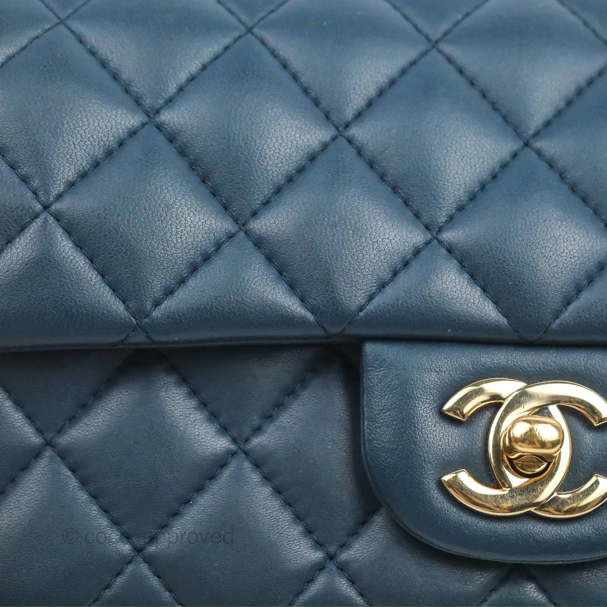 Chanel Quilted Mini Rectangular Flap Dark Teal Blue Lambskin Gold Hardware