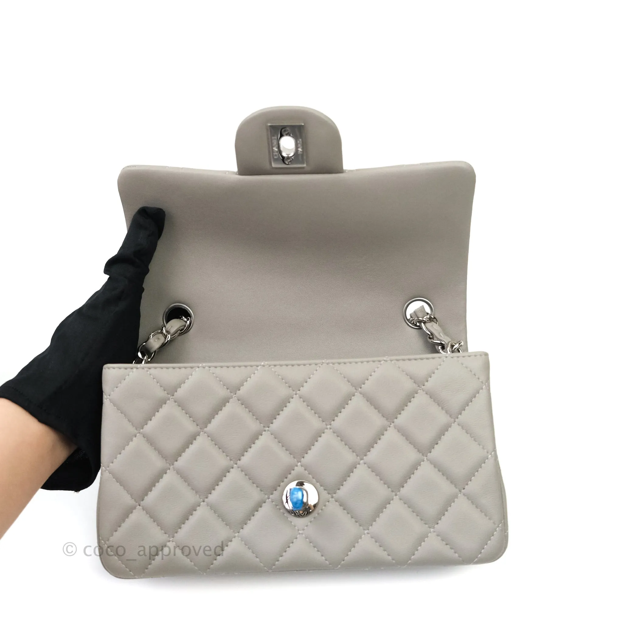 Chanel Quilted Mini Rectangular Flap Grey Lambskin Silver Hardware 19B