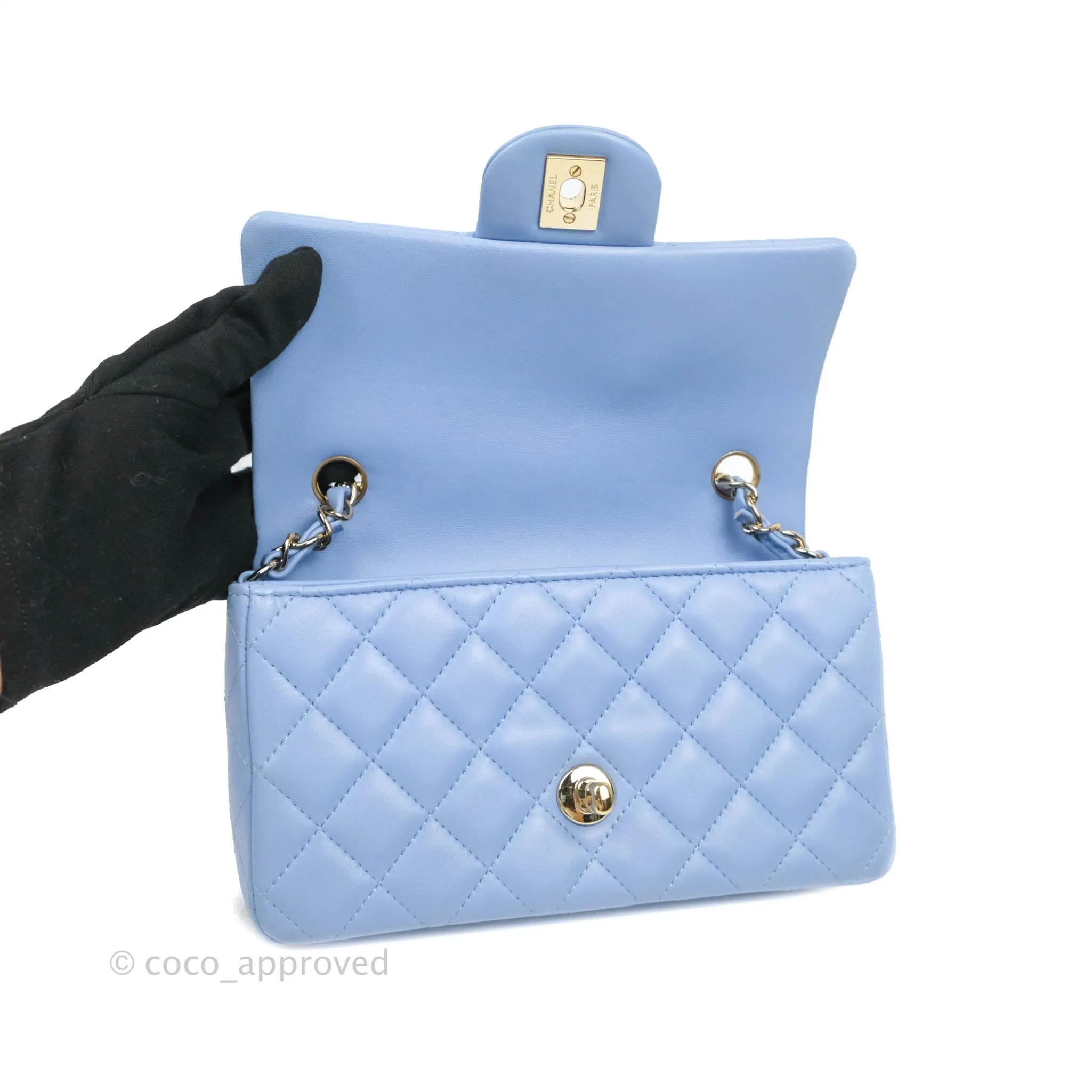 Chanel Quilted Mini Rectangular Flap Light Blue Lambskin Gold Hardware