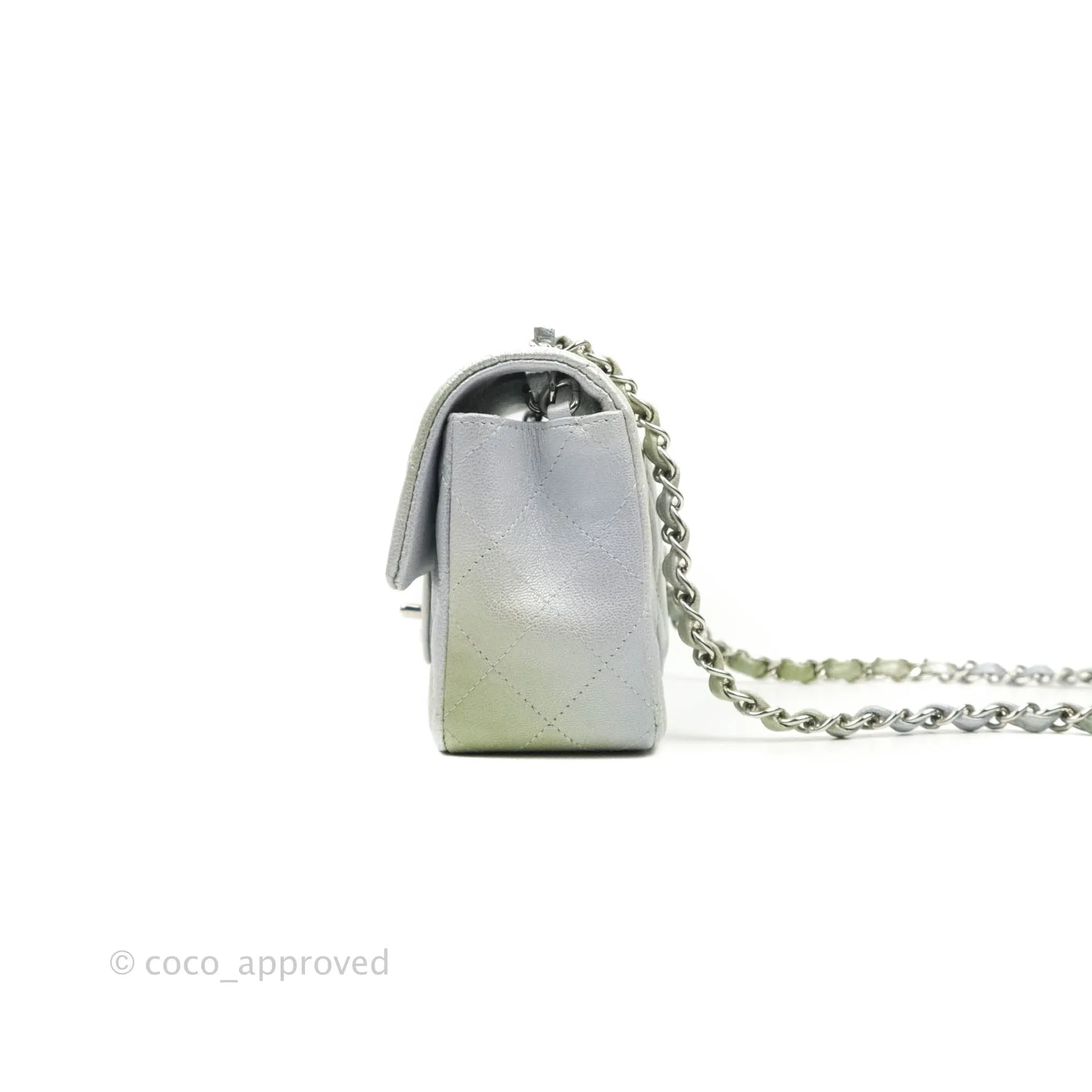 Chanel Quilted Mini Rectangular Flap Ombre Grey Green Metallic Goatskin Silver Hardware 22C