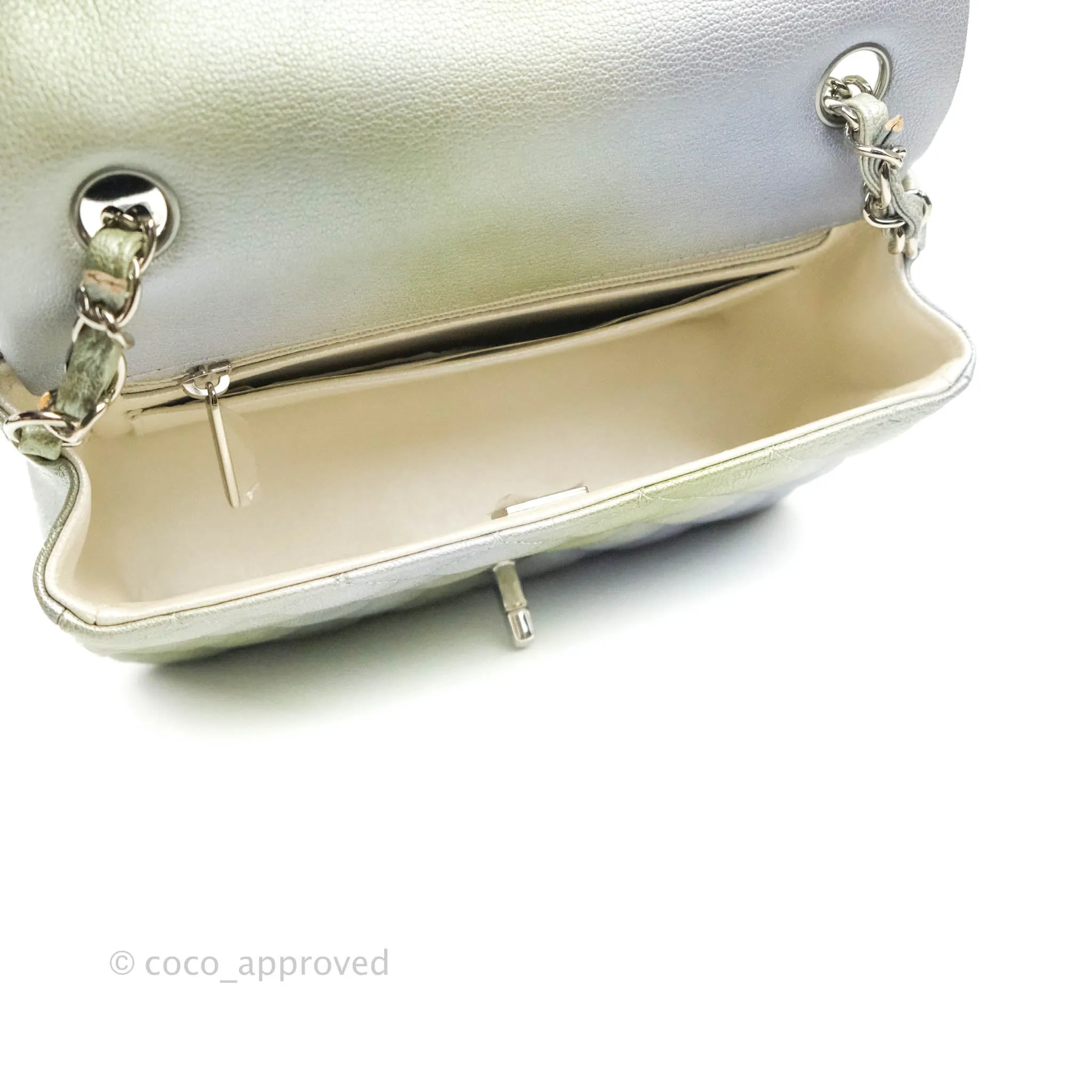 Chanel Quilted Mini Rectangular Flap Ombre Grey Green Metallic Goatskin Silver Hardware 22C
