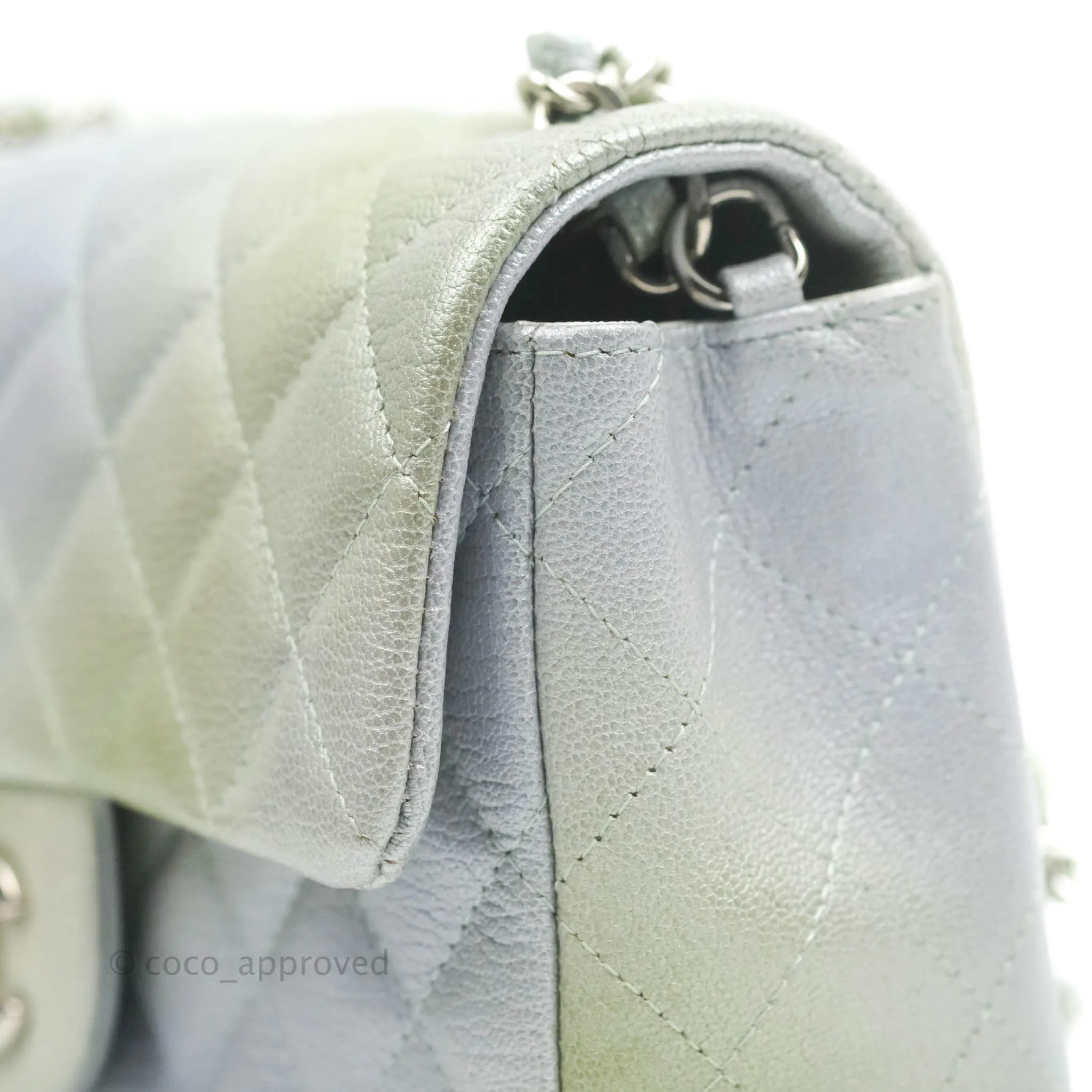 Chanel Quilted Mini Rectangular Flap Ombre Grey Green Metallic Goatskin Silver Hardware 22C