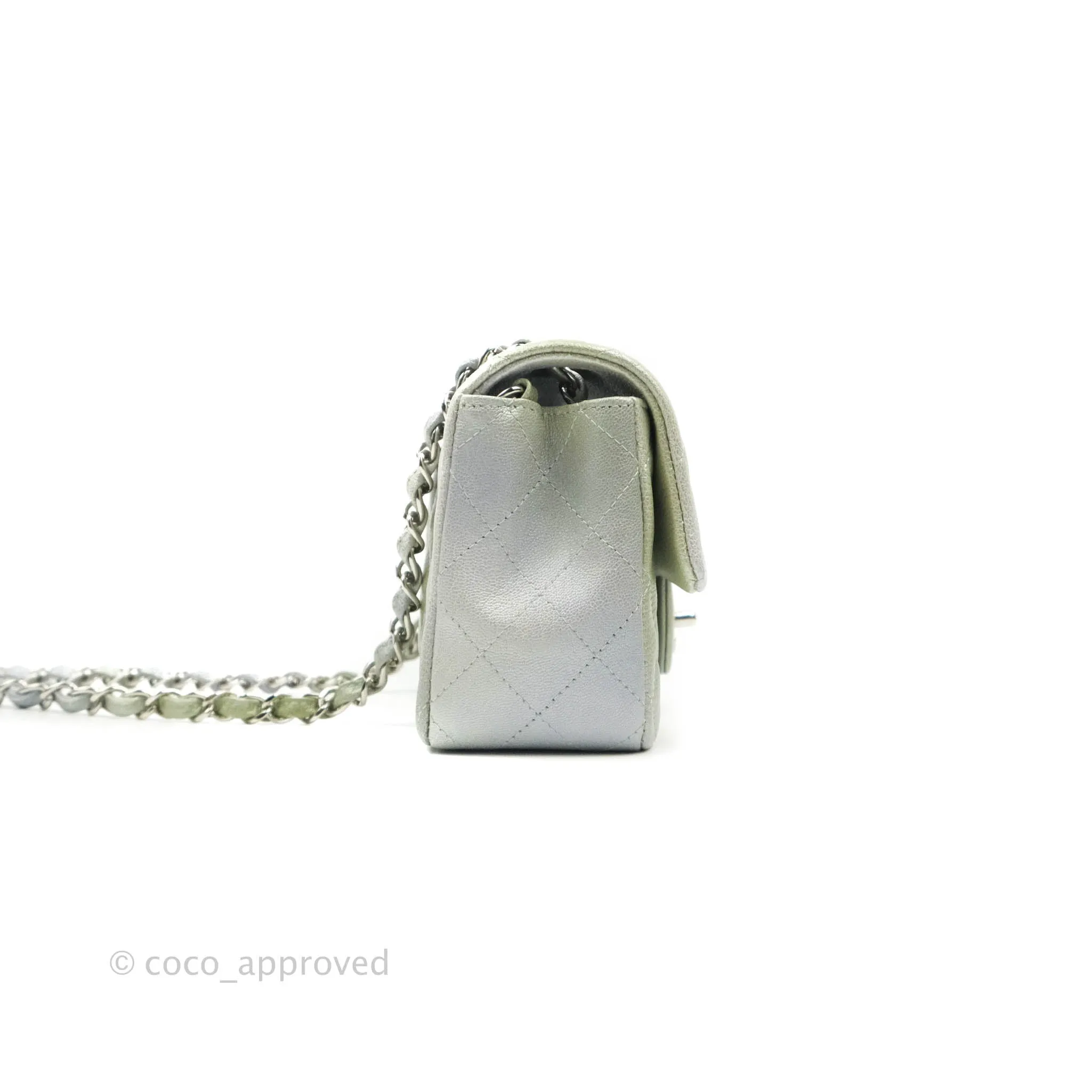 Chanel Quilted Mini Rectangular Flap Ombre Grey Green Metallic Goatskin Silver Hardware 22C
