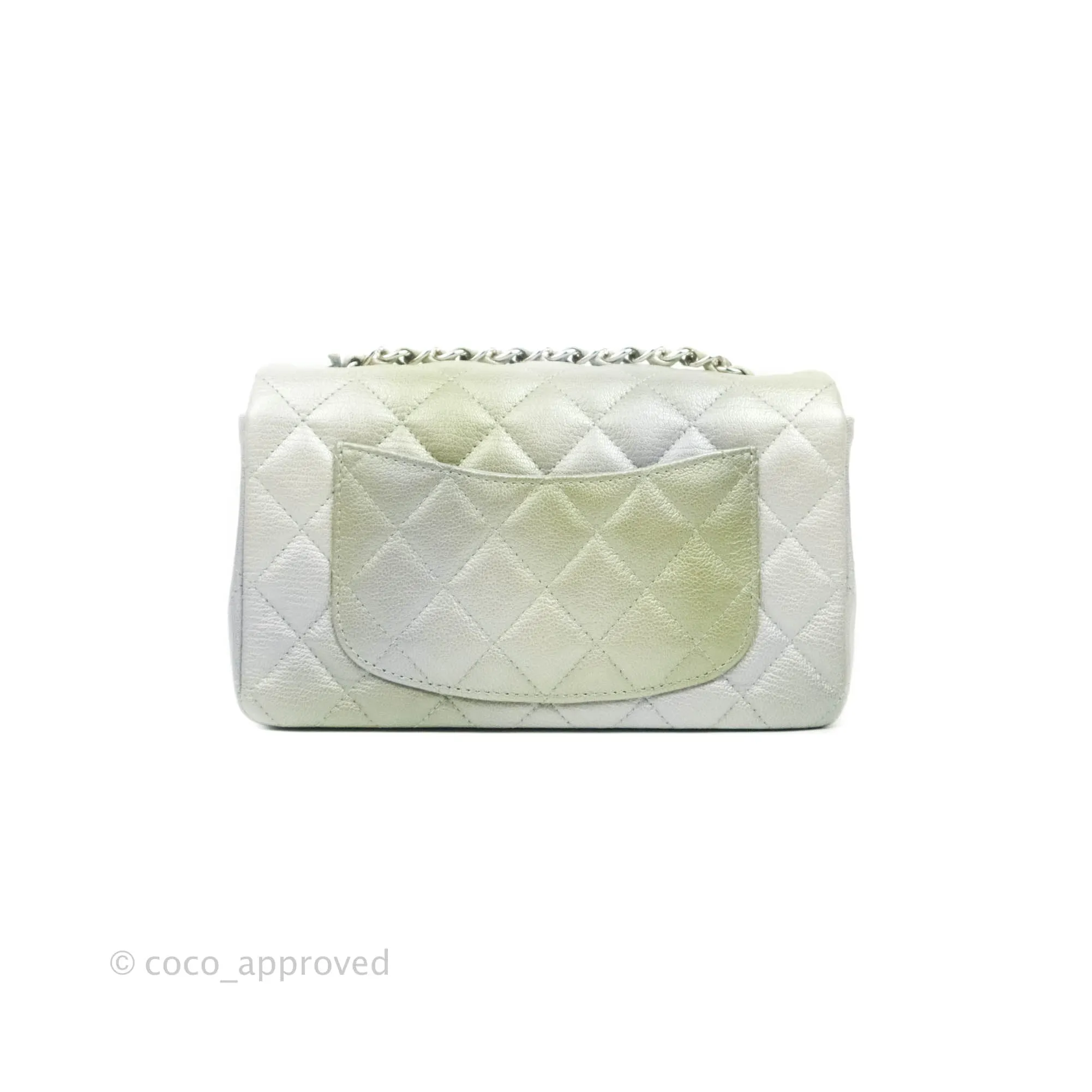 Chanel Quilted Mini Rectangular Flap Ombre Grey Green Metallic Goatskin Silver Hardware 22C