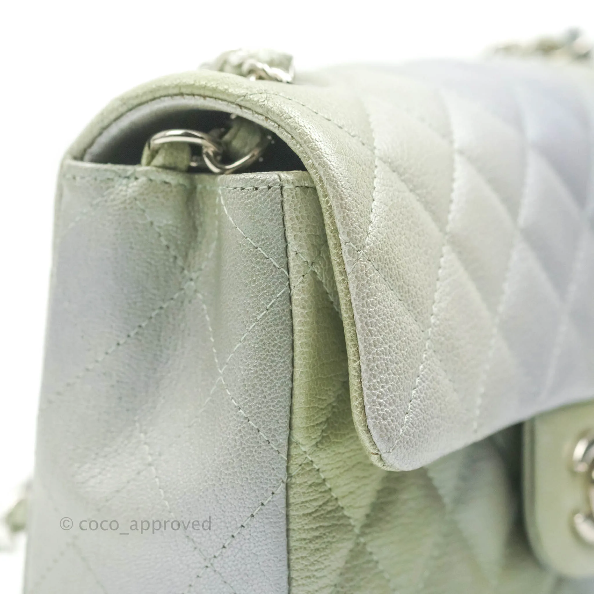 Chanel Quilted Mini Rectangular Flap Ombre Grey Green Metallic Goatskin Silver Hardware 22C