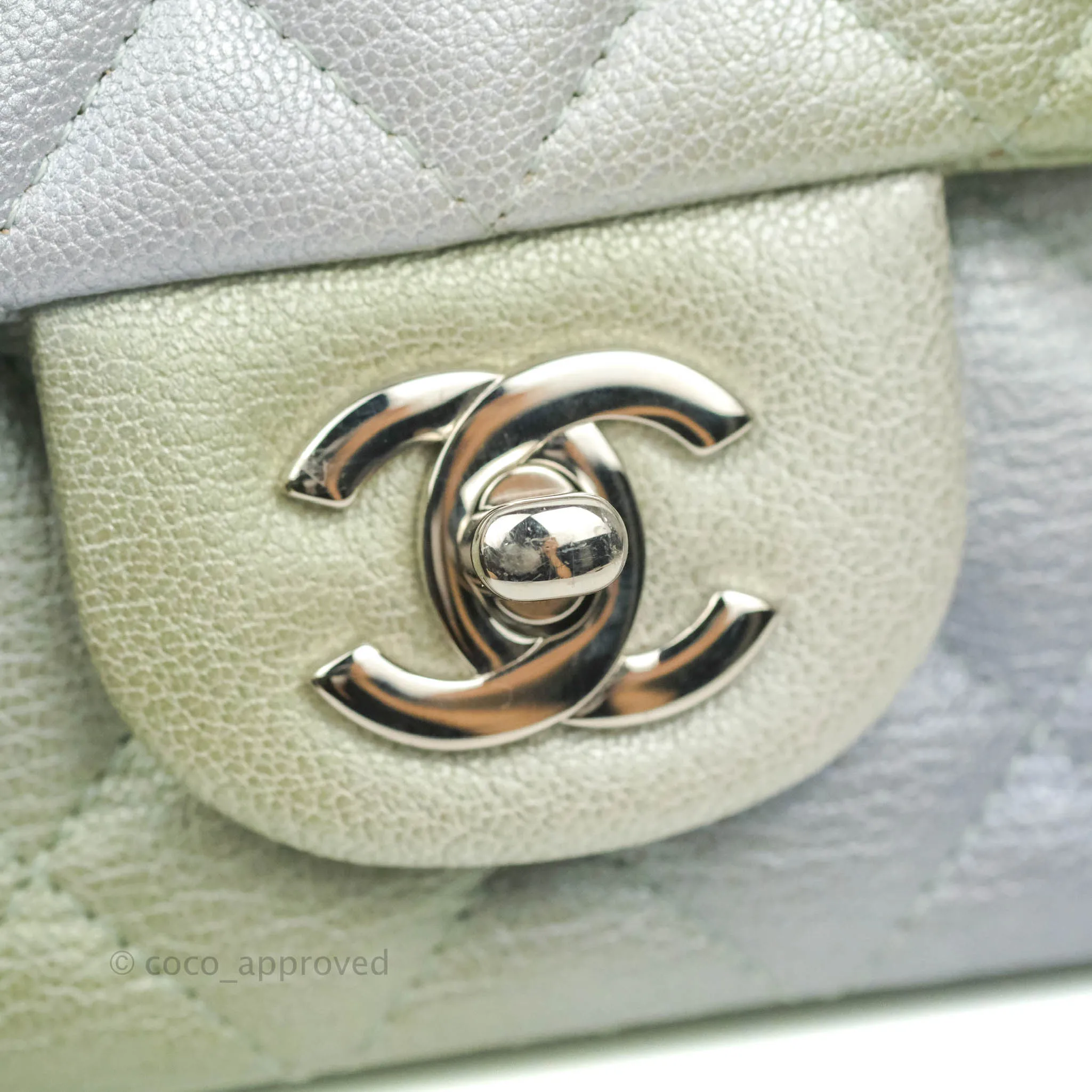 Chanel Quilted Mini Rectangular Flap Ombre Grey Green Metallic Goatskin Silver Hardware 22C