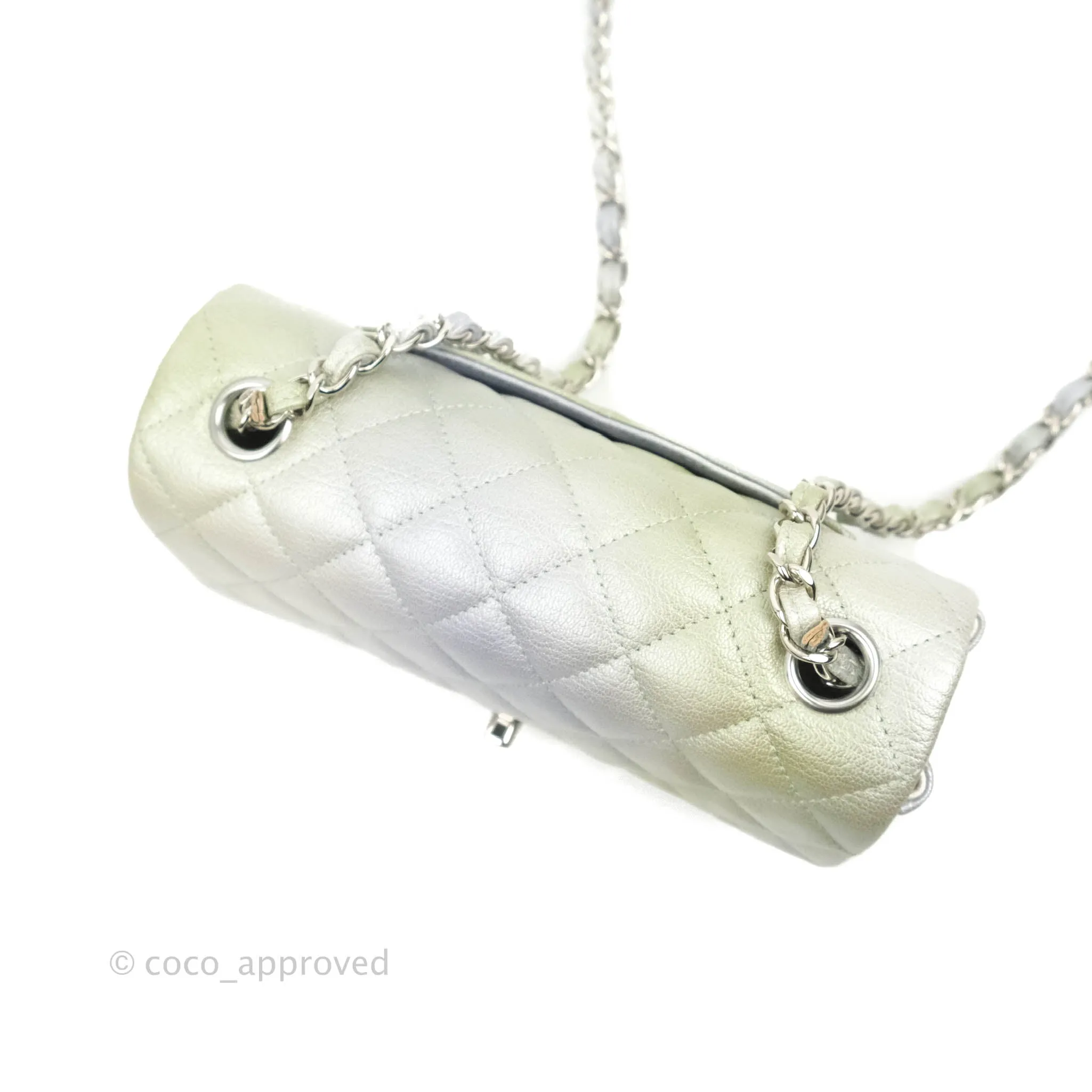 Chanel Quilted Mini Rectangular Flap Ombre Grey Green Metallic Goatskin Silver Hardware 22C