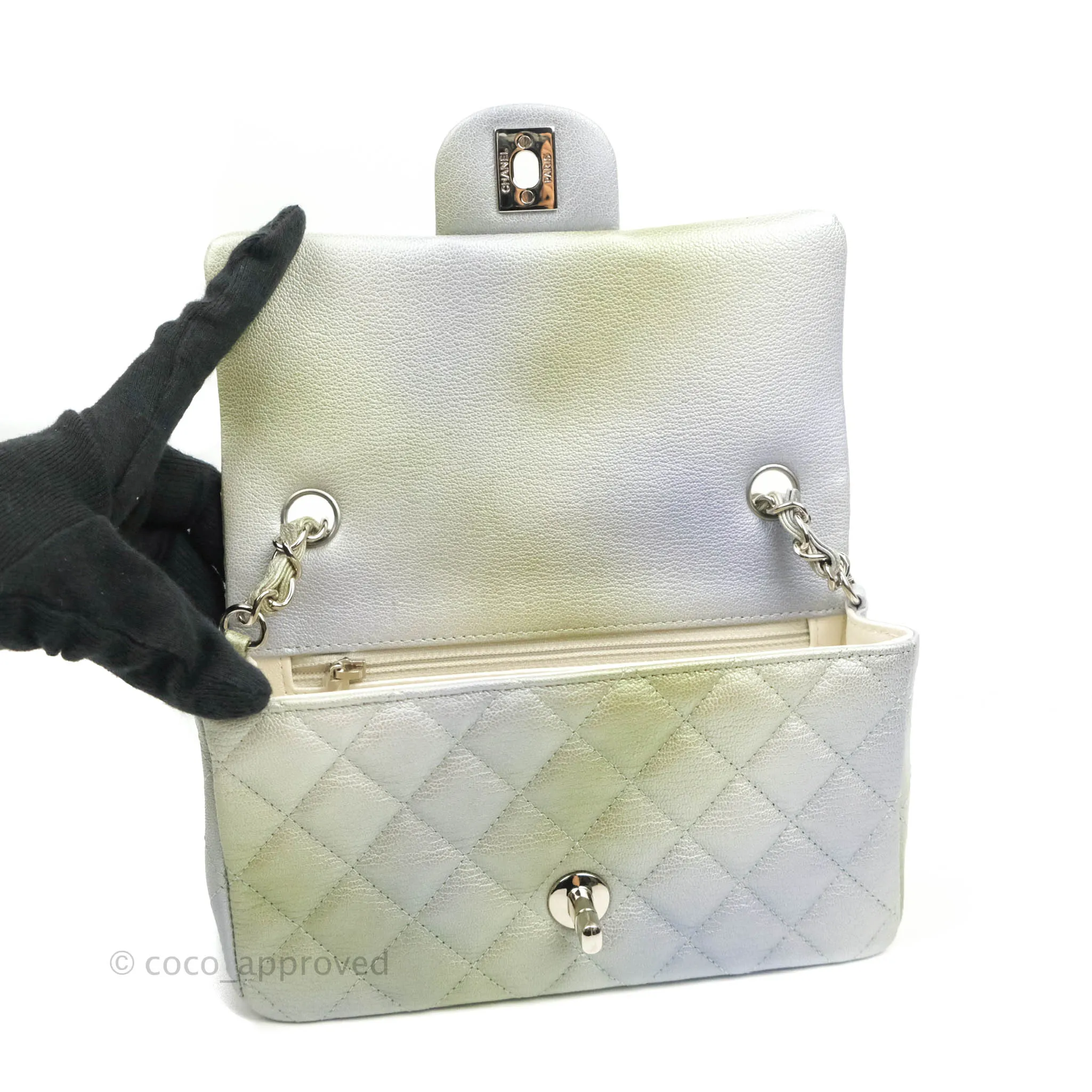 Chanel Quilted Mini Rectangular Flap Ombre Grey Green Metallic Goatskin Silver Hardware 22C