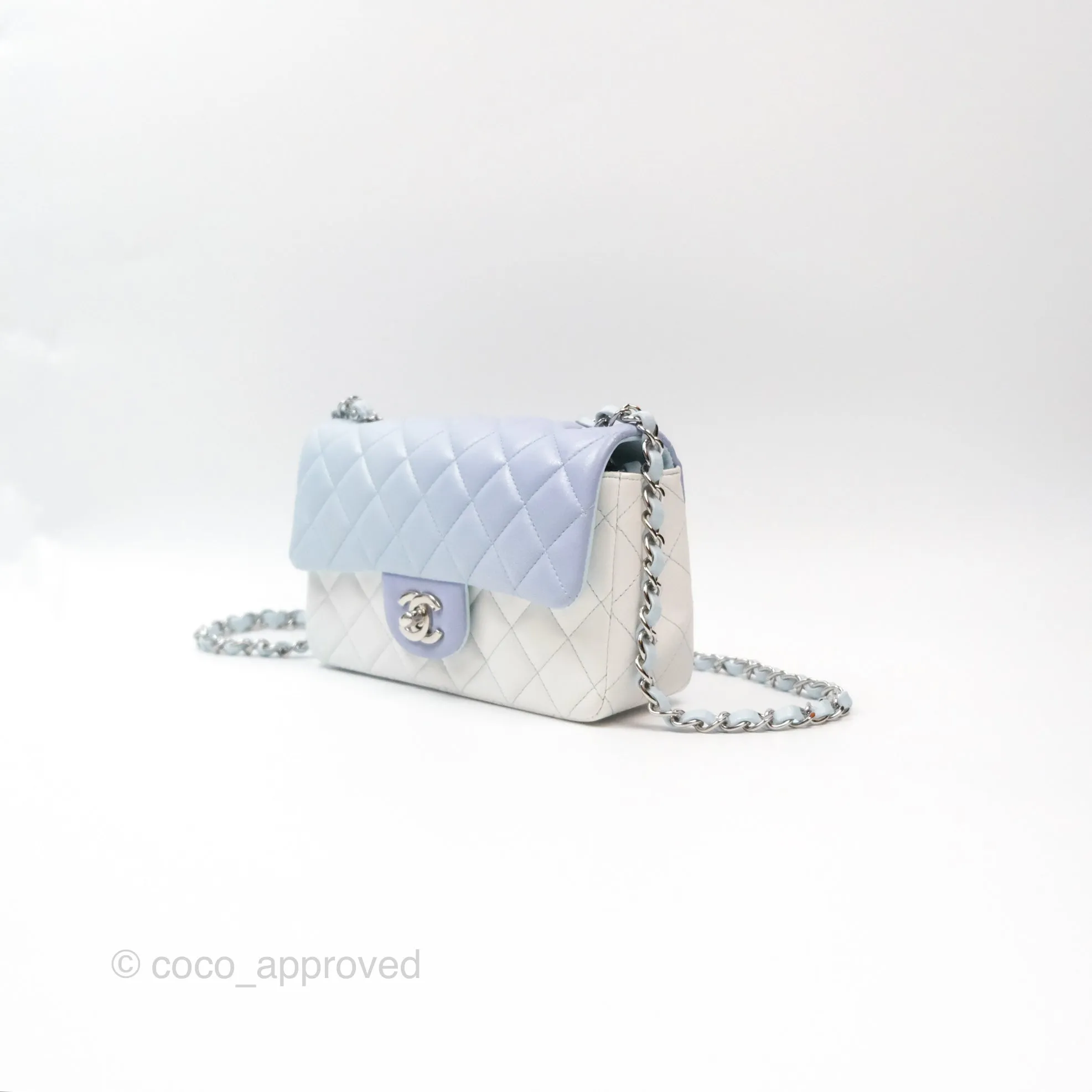 Chanel Quilted Mini Rectangular Flap Ombre Light Blue/Light Purple/White Iridescent Silver Hardware 21K
