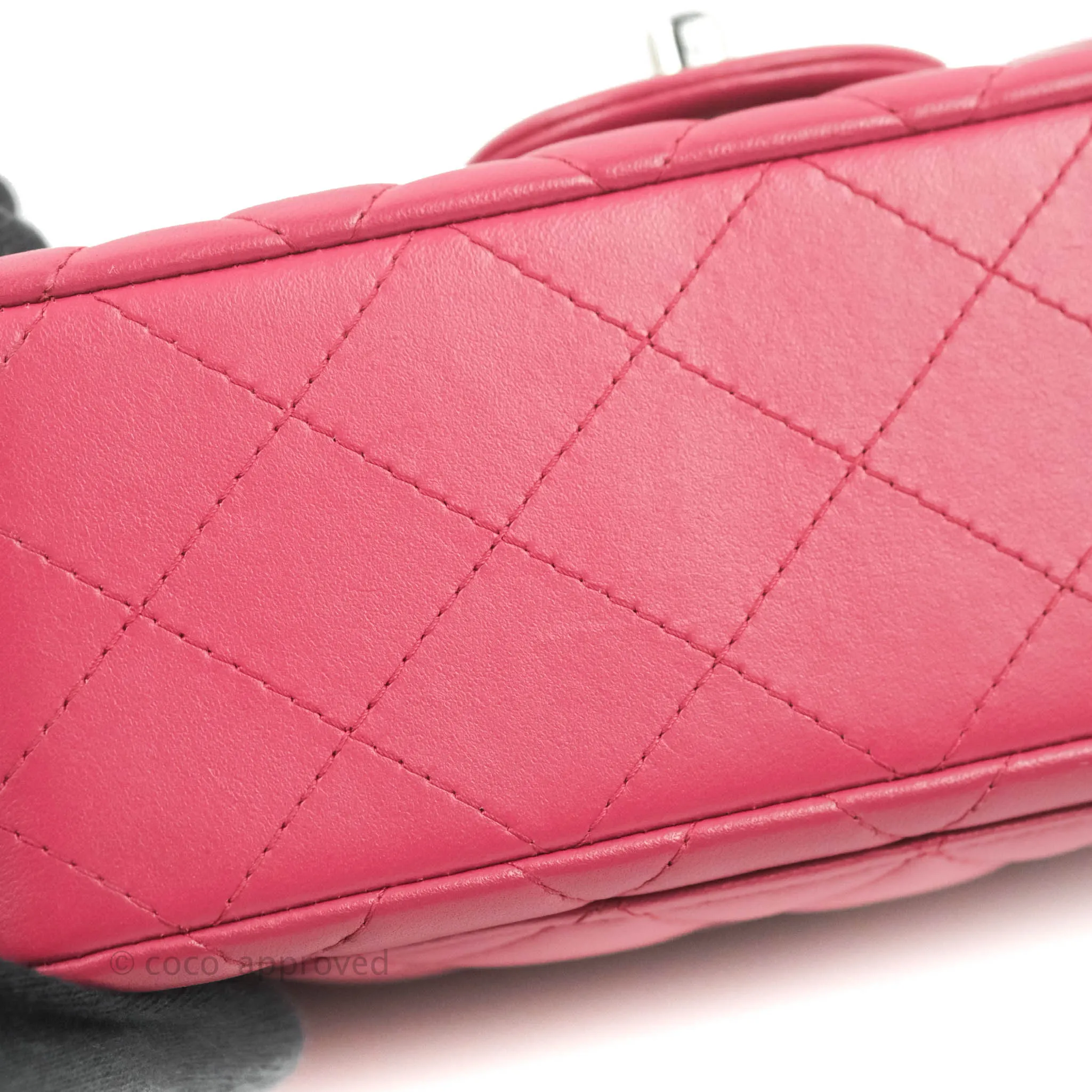 Chanel Quilted Mini Rectangular Flap Raspberry Pink Lambskin Silver Hardware