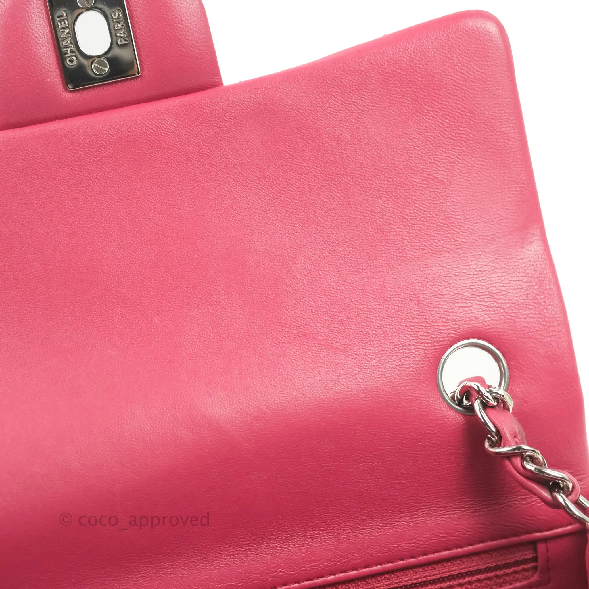 Chanel Quilted Mini Rectangular Flap Raspberry Pink Lambskin Silver Hardware