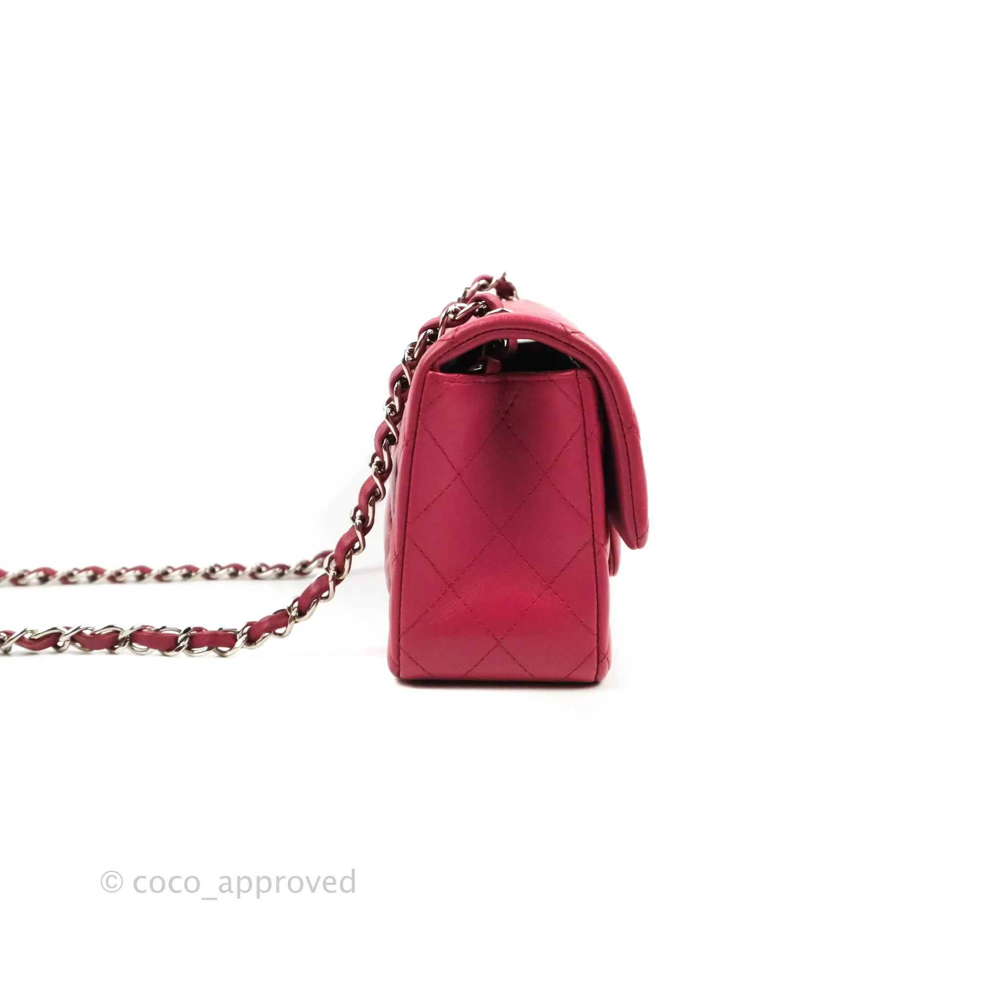 Chanel Quilted Mini Rectangular Flap Raspberry Pink Lambskin Silver Hardware