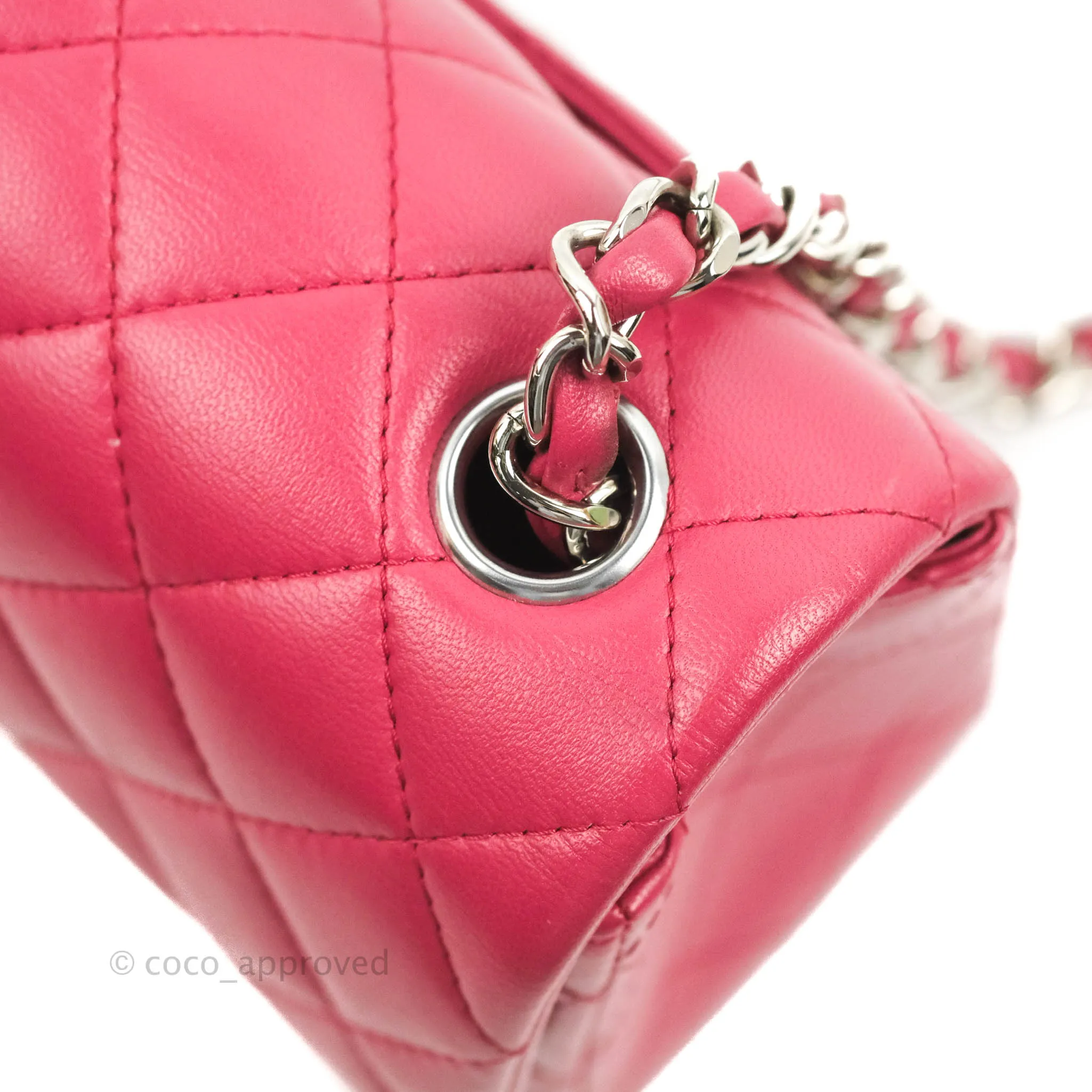 Chanel Quilted Mini Rectangular Flap Raspberry Pink Lambskin Silver Hardware