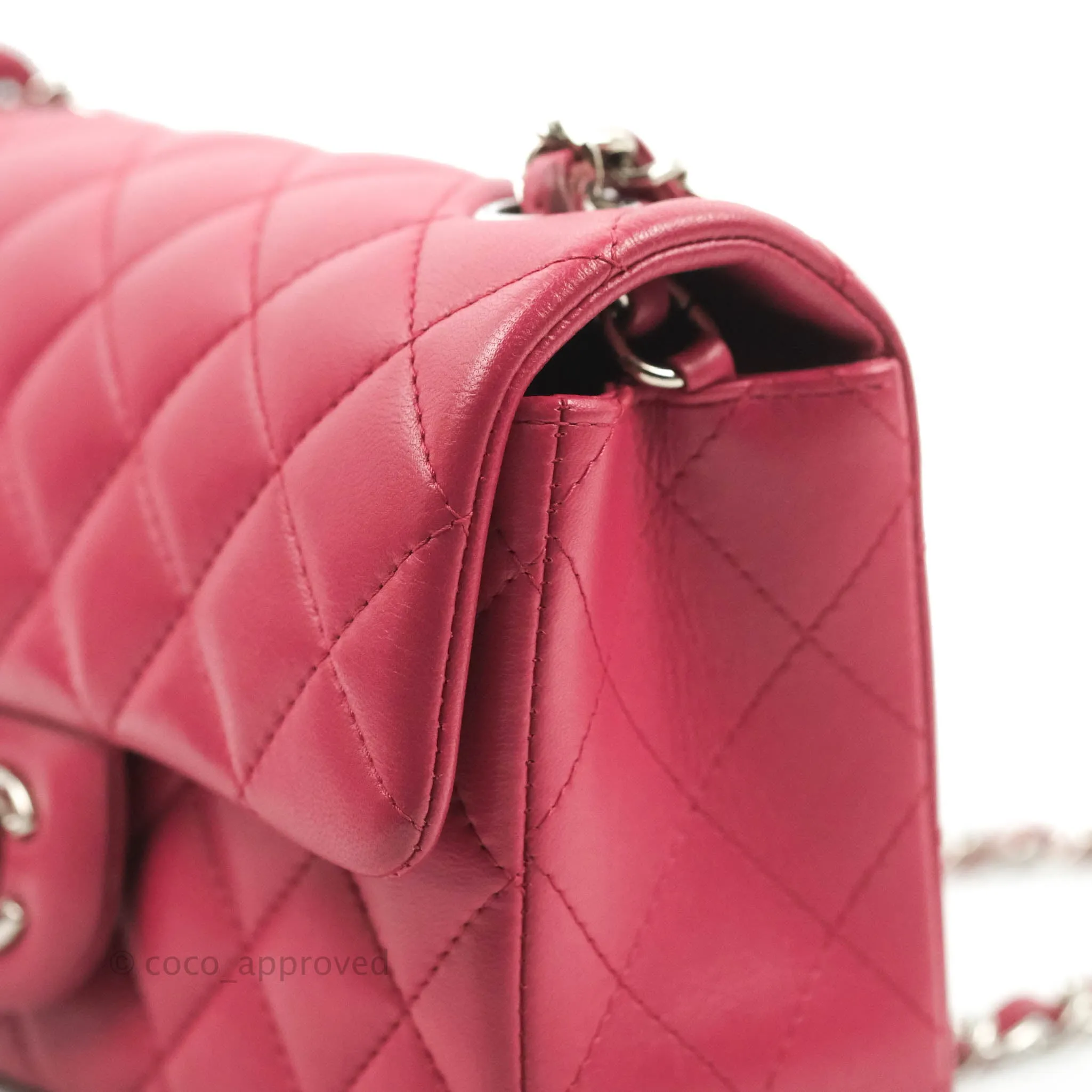 Chanel Quilted Mini Rectangular Flap Raspberry Pink Lambskin Silver Hardware