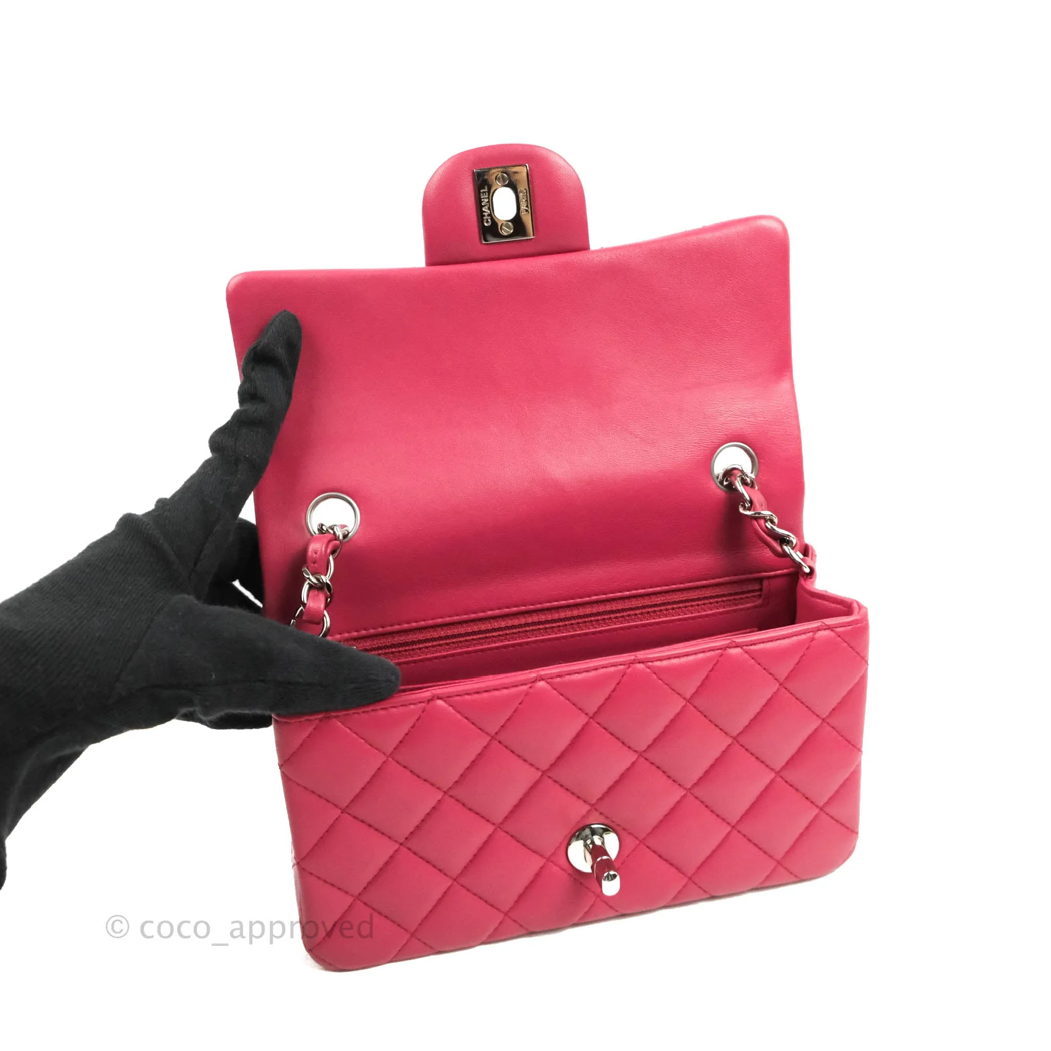 Chanel Quilted Mini Rectangular Flap Raspberry Pink Lambskin Silver Hardware