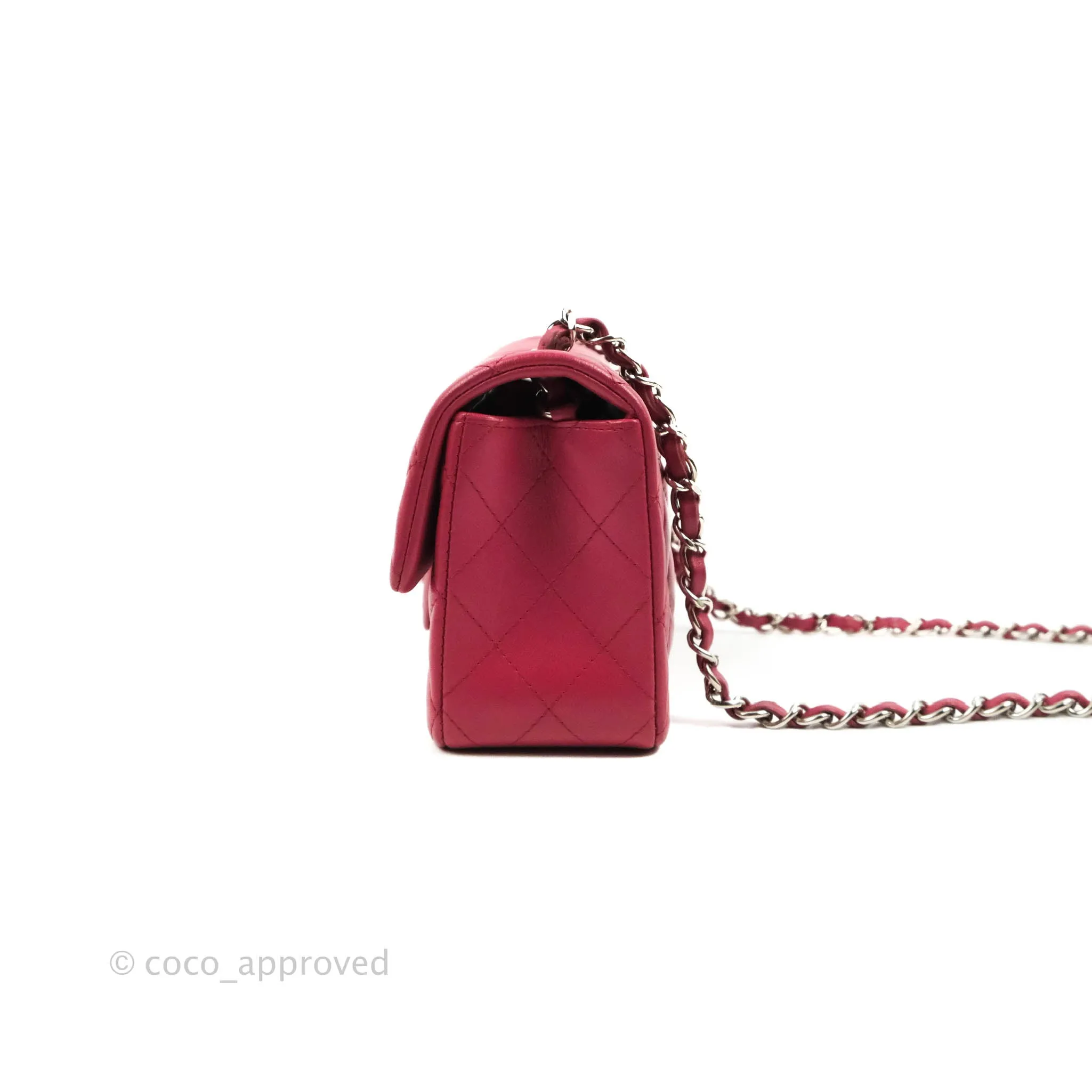 Chanel Quilted Mini Rectangular Flap Raspberry Pink Lambskin Silver Hardware