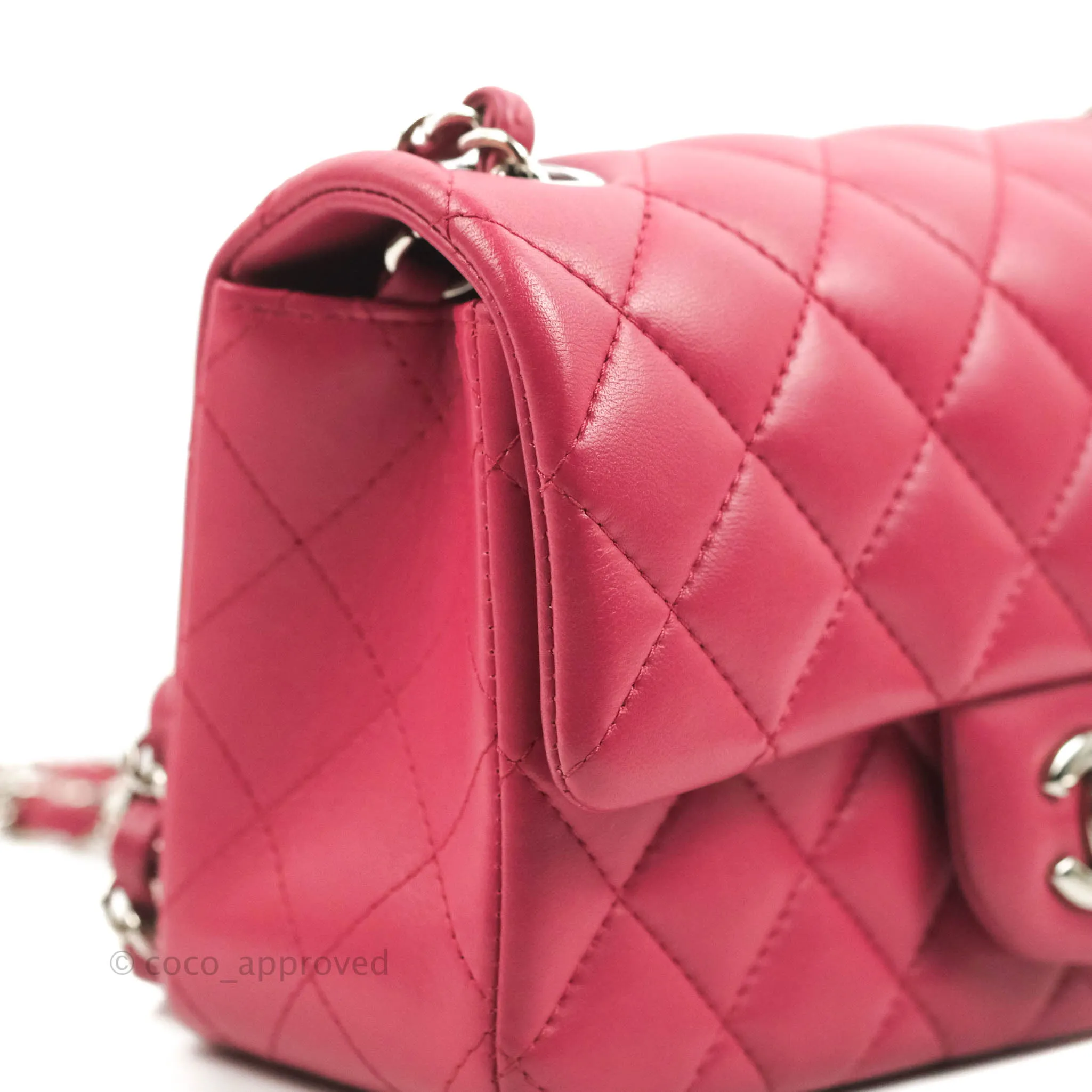 Chanel Quilted Mini Rectangular Flap Raspberry Pink Lambskin Silver Hardware