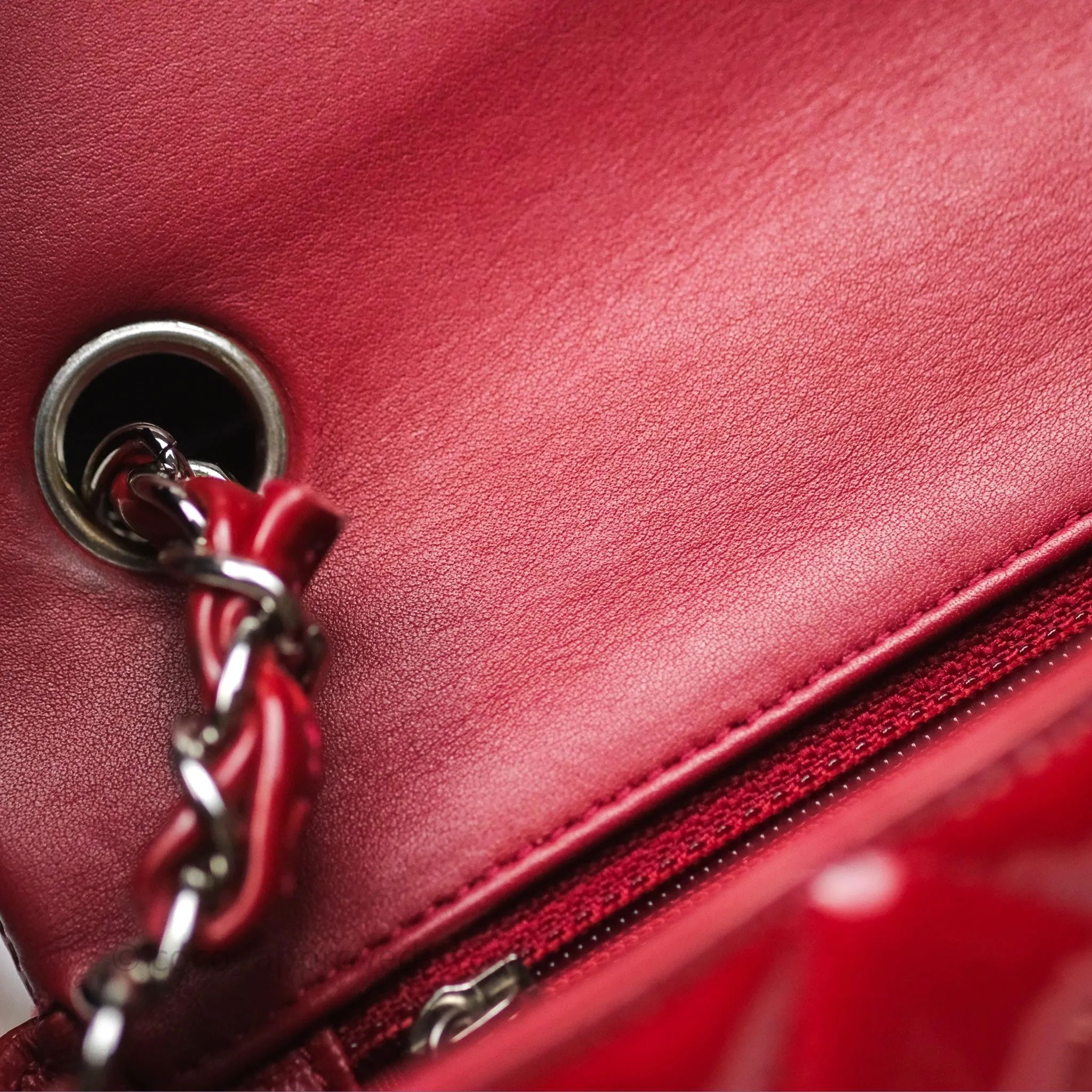 Chanel Quilted Mini Rectangular Flap Red Patent Silver Hardware