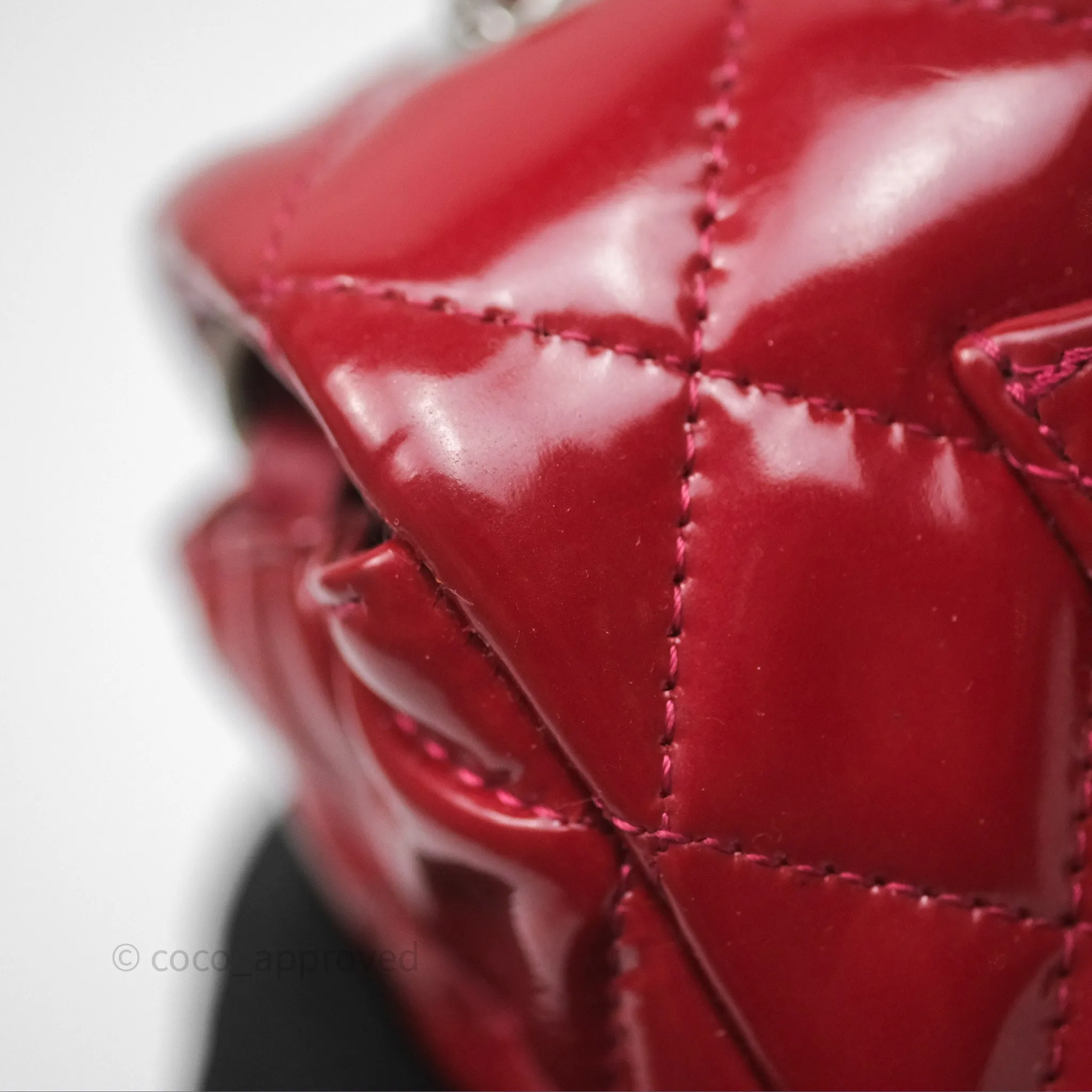 Chanel Quilted Mini Rectangular Flap Red Patent Silver Hardware