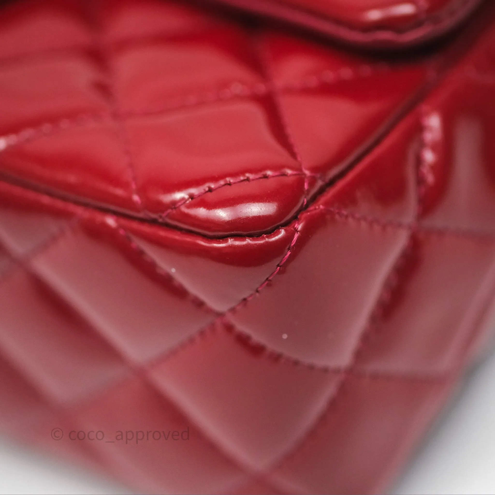 Chanel Quilted Mini Rectangular Flap Red Patent Silver Hardware