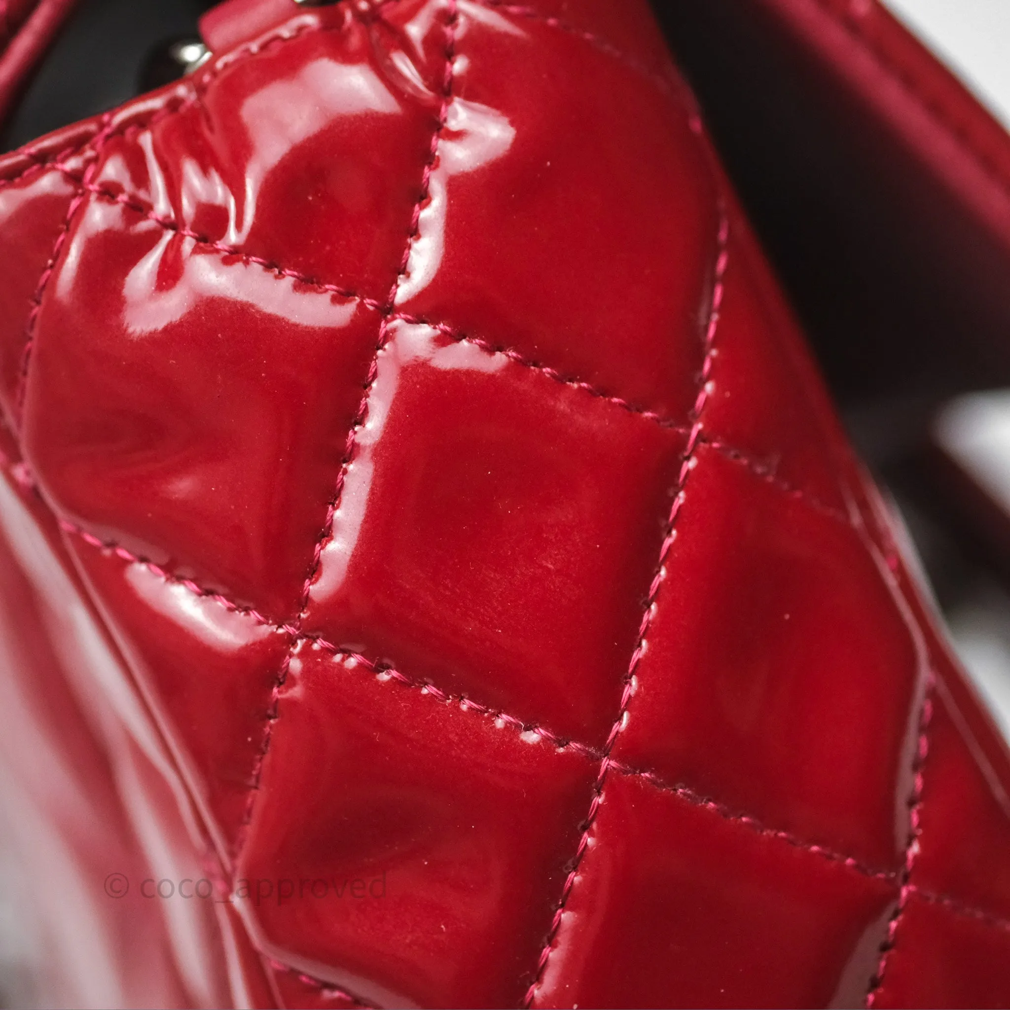 Chanel Quilted Mini Rectangular Flap Red Patent Silver Hardware