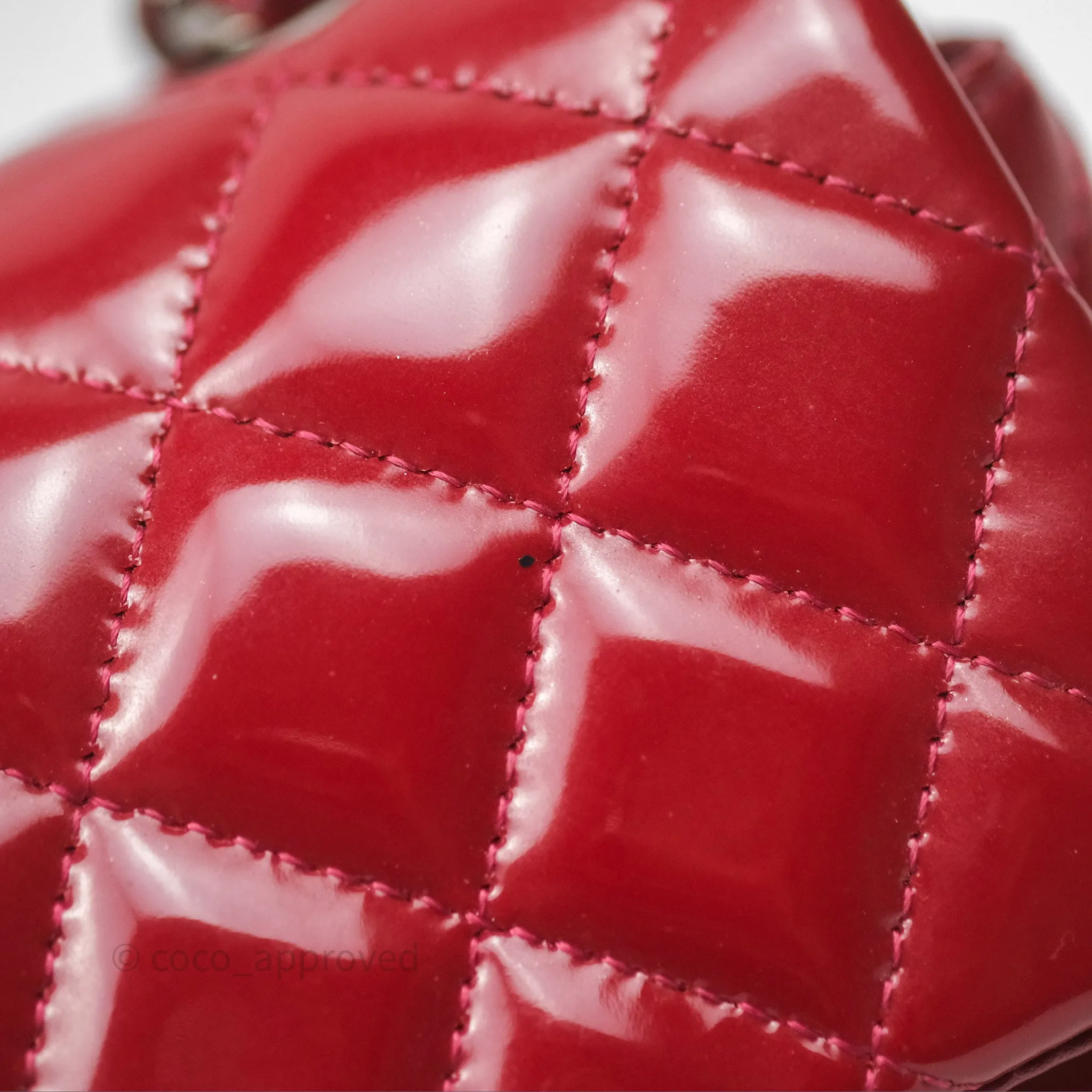 Chanel Quilted Mini Rectangular Flap Red Patent Silver Hardware