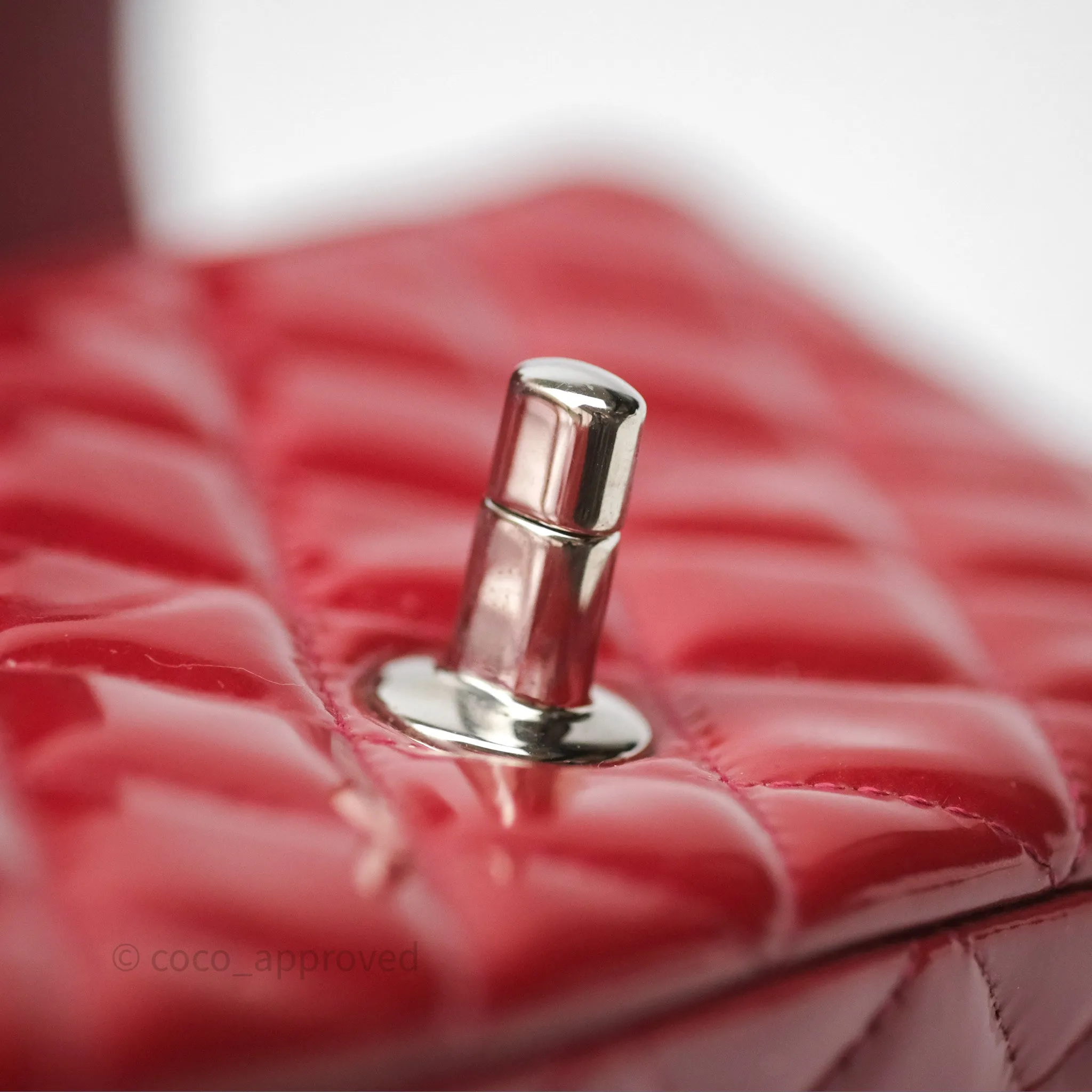 Chanel Quilted Mini Rectangular Flap Red Patent Silver Hardware