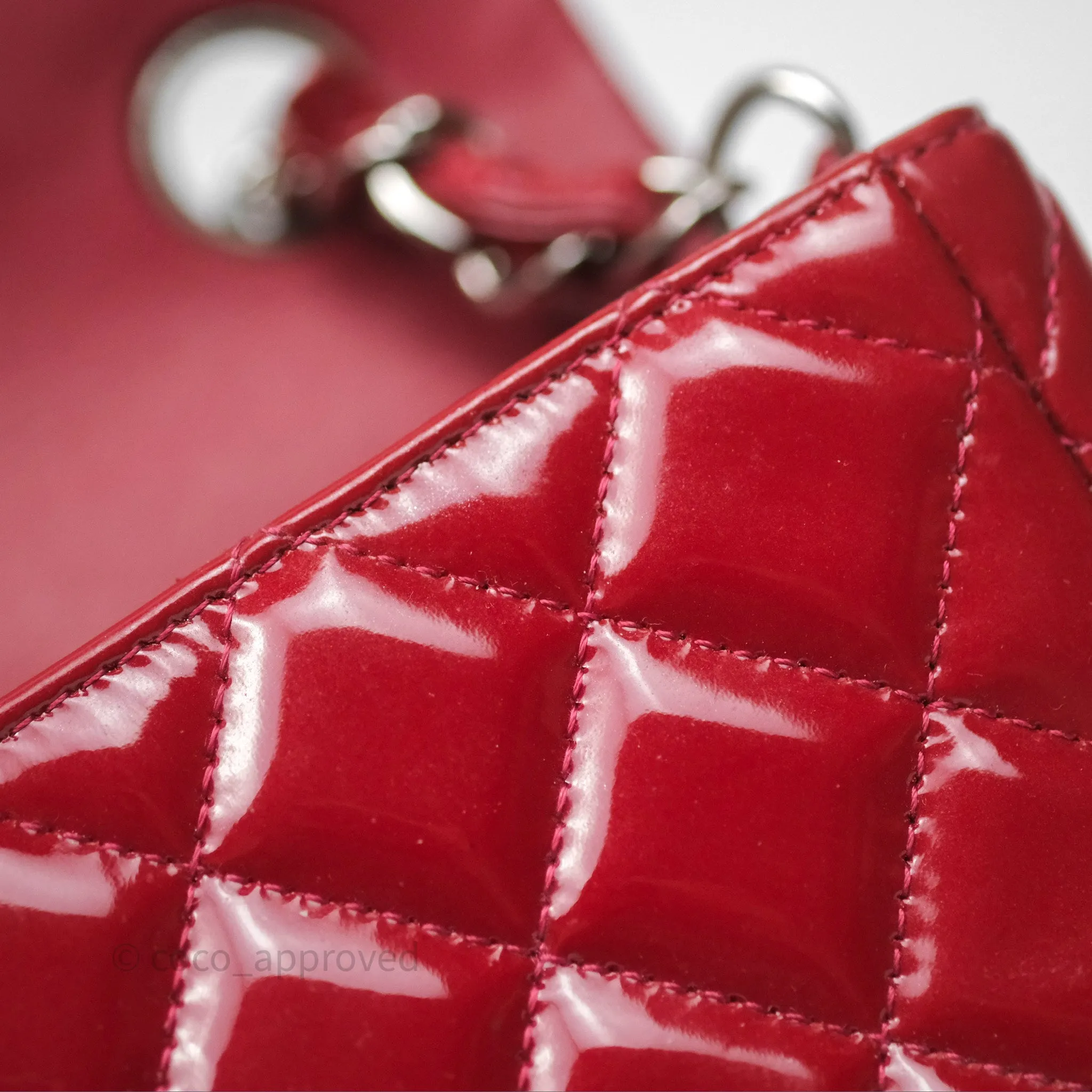 Chanel Quilted Mini Rectangular Flap Red Patent Silver Hardware
