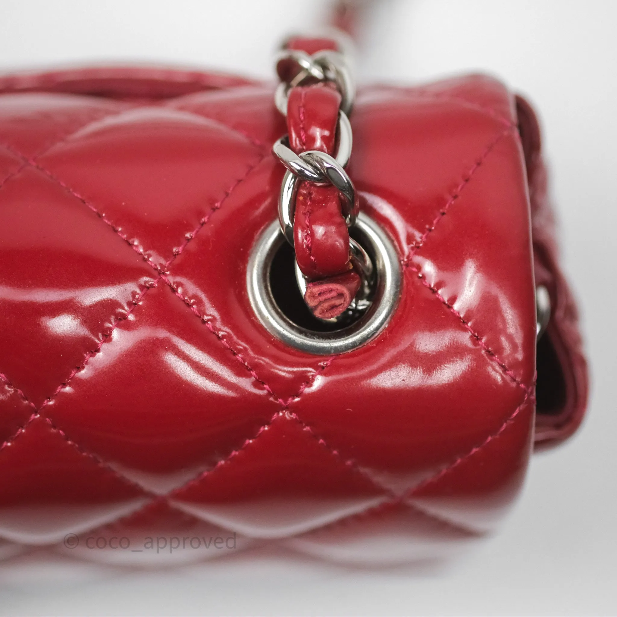 Chanel Quilted Mini Rectangular Flap Red Patent Silver Hardware