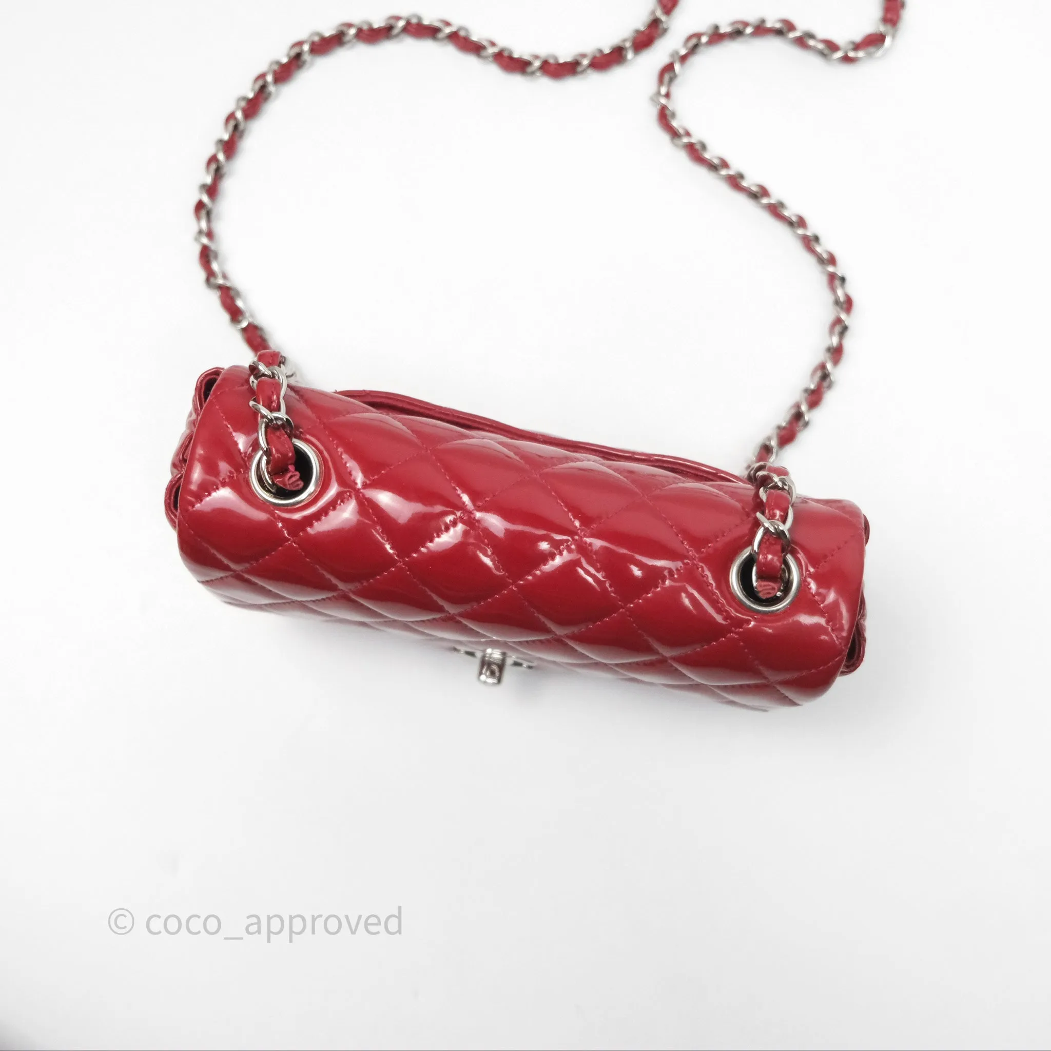 Chanel Quilted Mini Rectangular Flap Red Patent Silver Hardware