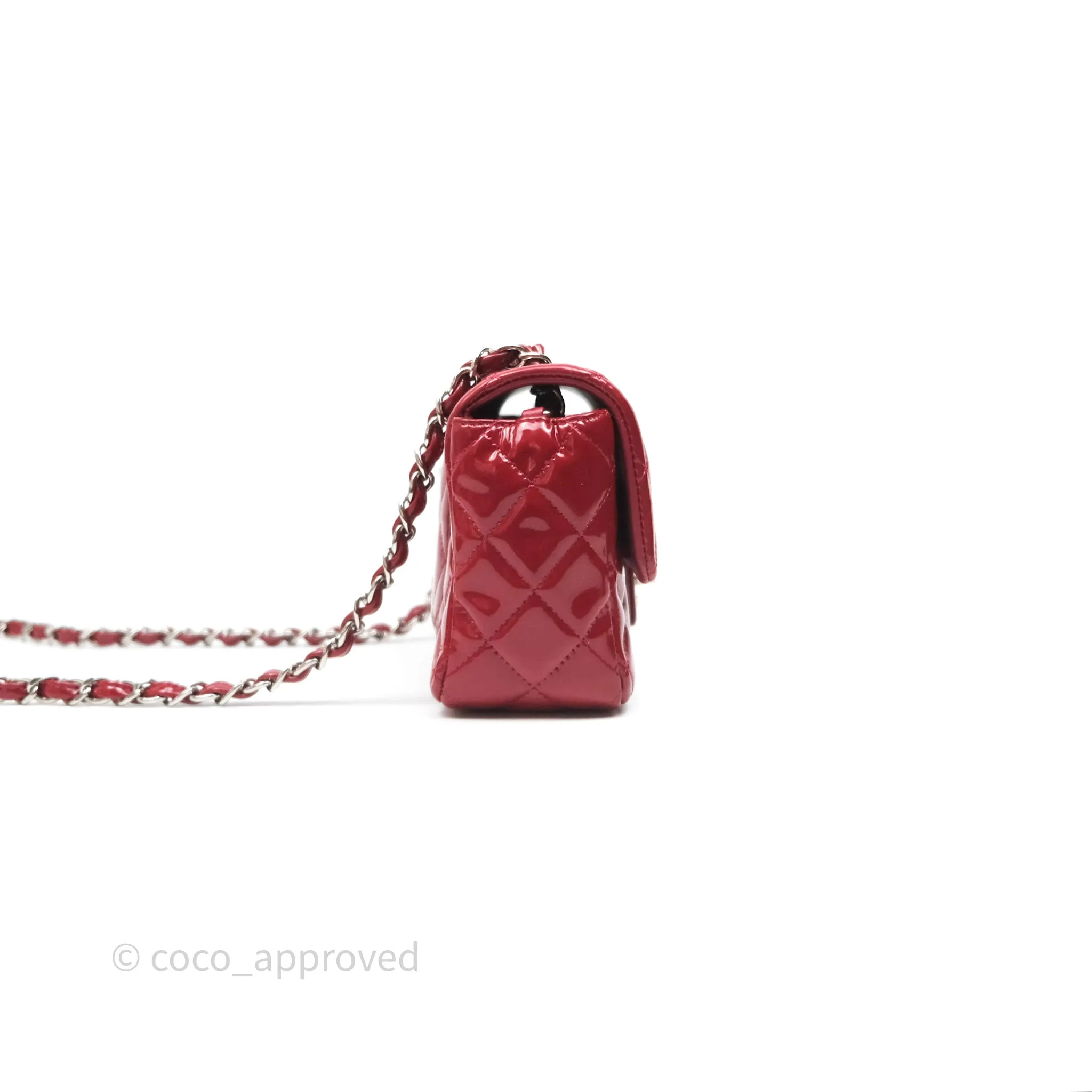 Chanel Quilted Mini Rectangular Flap Red Patent Silver Hardware