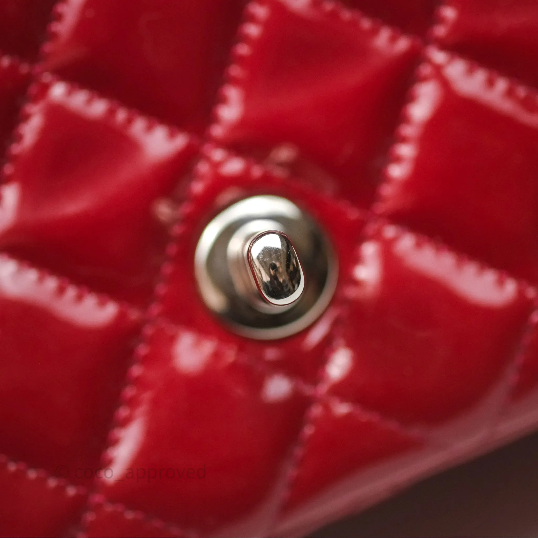 Chanel Quilted Mini Rectangular Flap Red Patent Silver Hardware