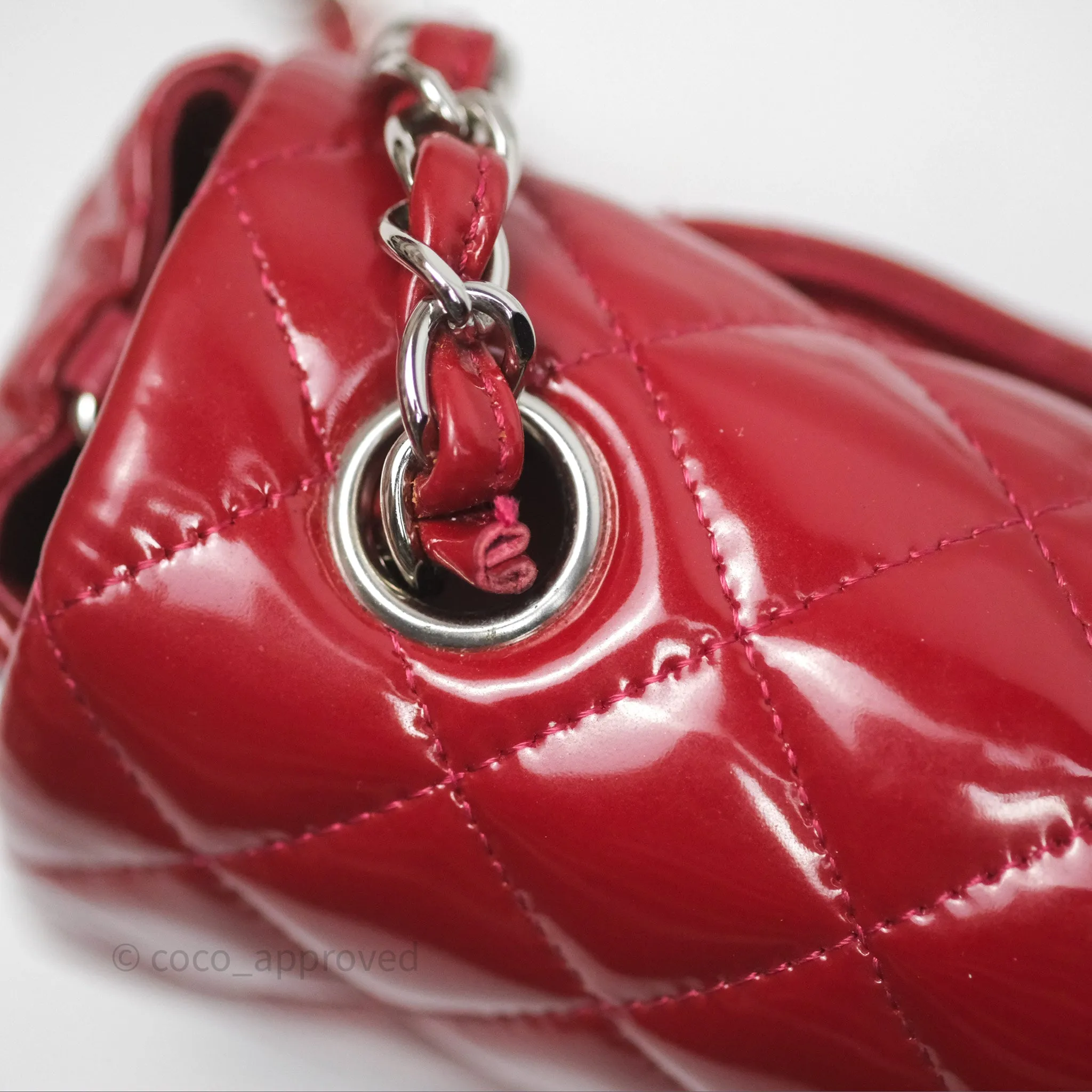 Chanel Quilted Mini Rectangular Flap Red Patent Silver Hardware