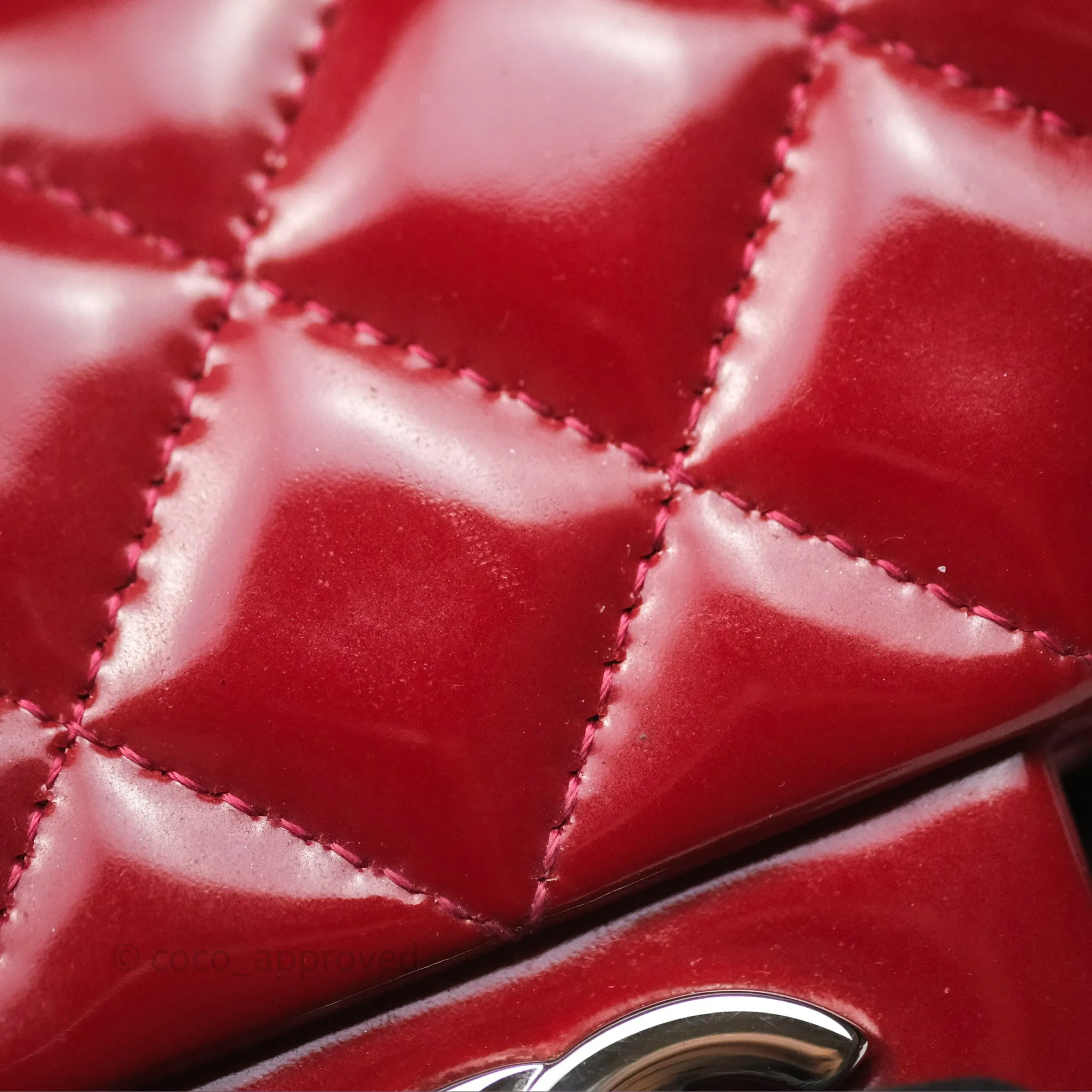 Chanel Quilted Mini Rectangular Flap Red Patent Silver Hardware