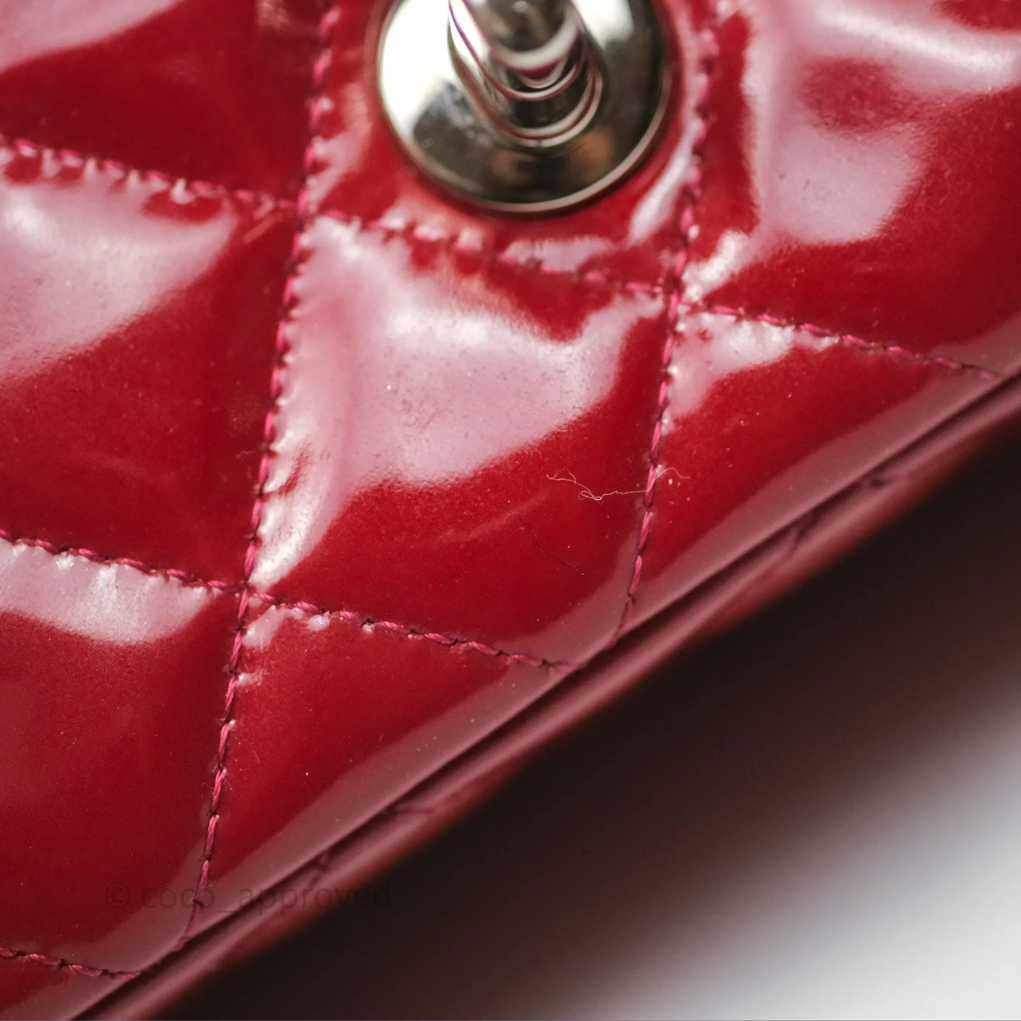 Chanel Quilted Mini Rectangular Flap Red Patent Silver Hardware