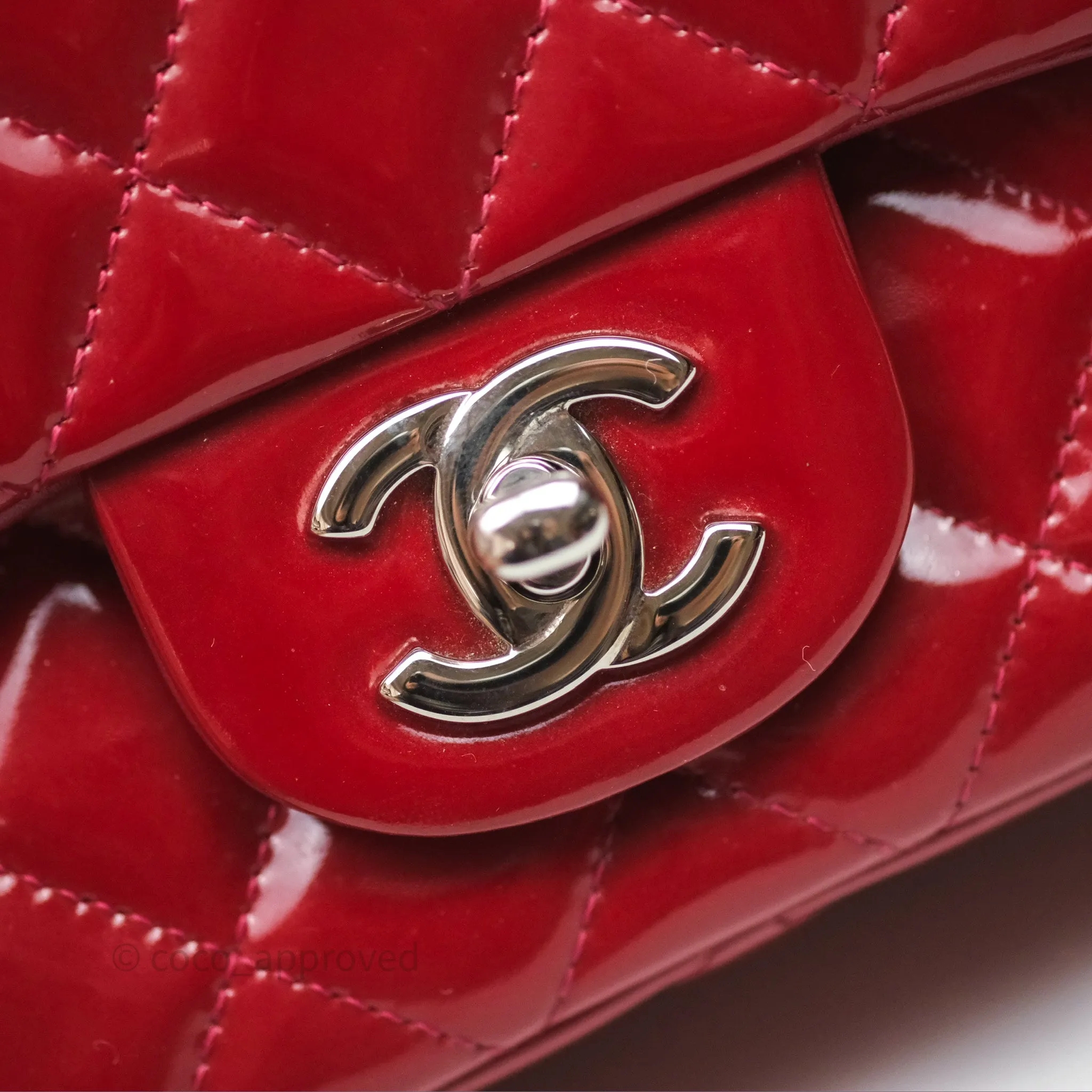 Chanel Quilted Mini Rectangular Flap Red Patent Silver Hardware