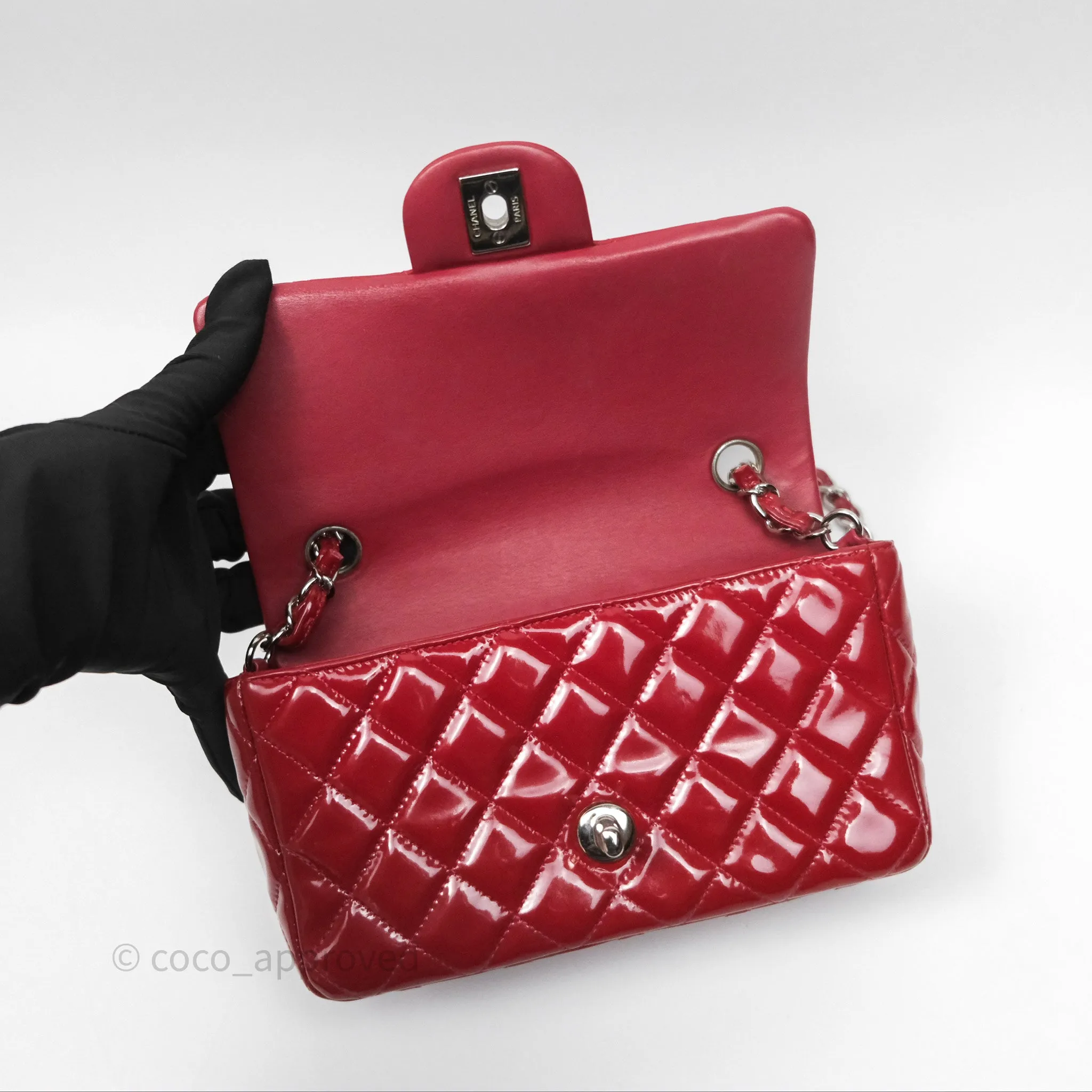 Chanel Quilted Mini Rectangular Flap Red Patent Silver Hardware