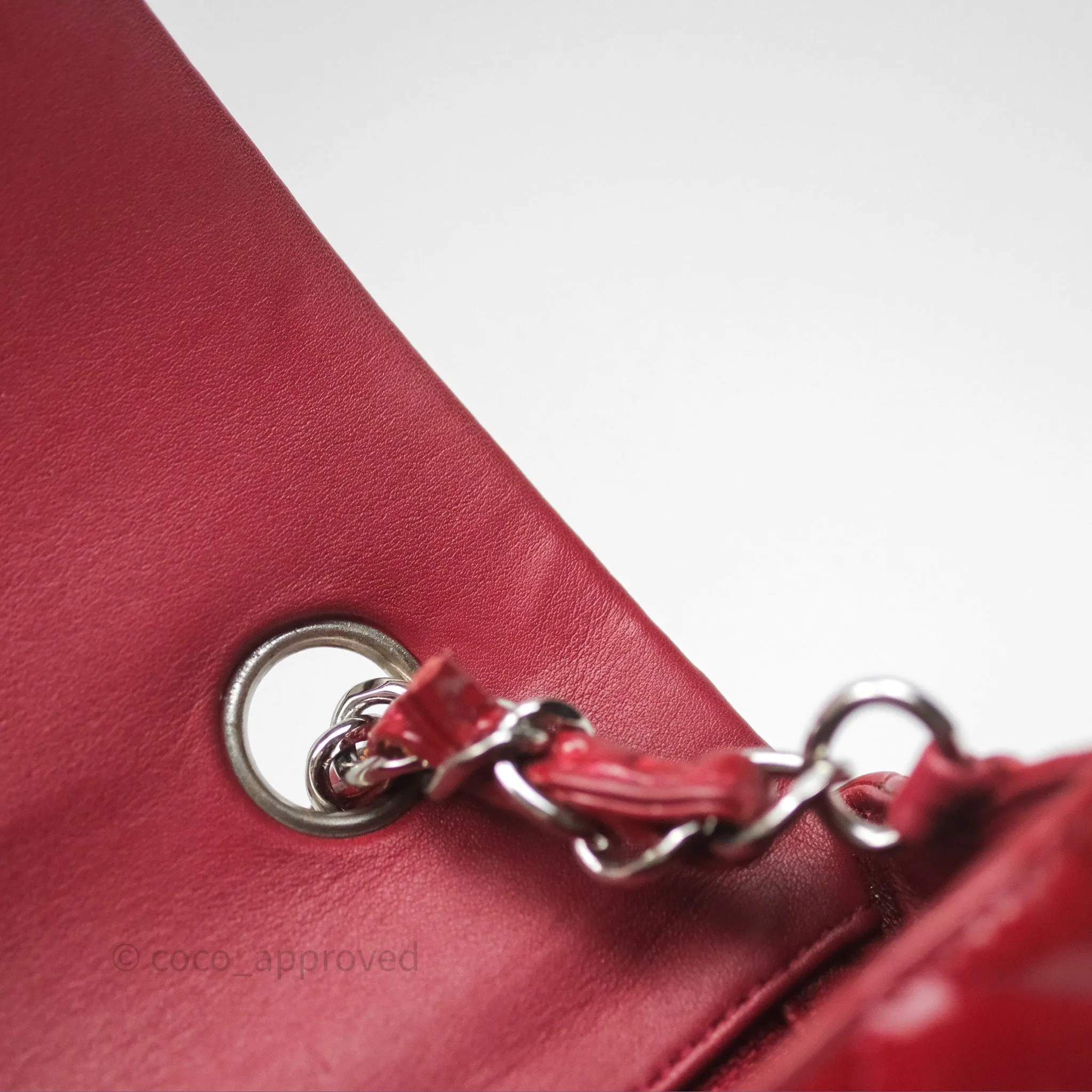 Chanel Quilted Mini Rectangular Flap Red Patent Silver Hardware